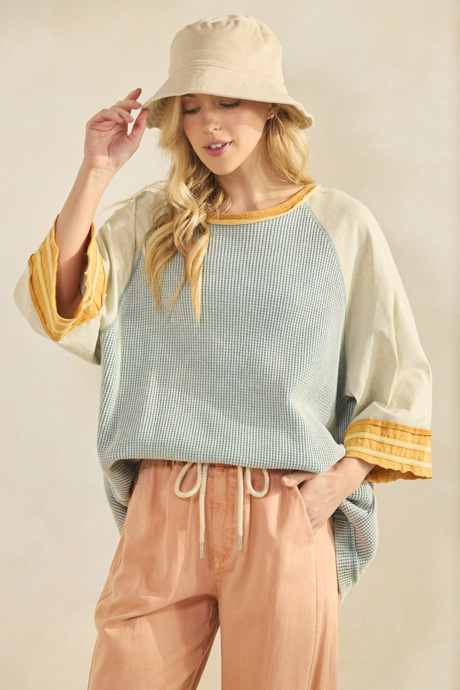 Boho Waffle-Knit Dusty Blue Colorblock Raglan Top