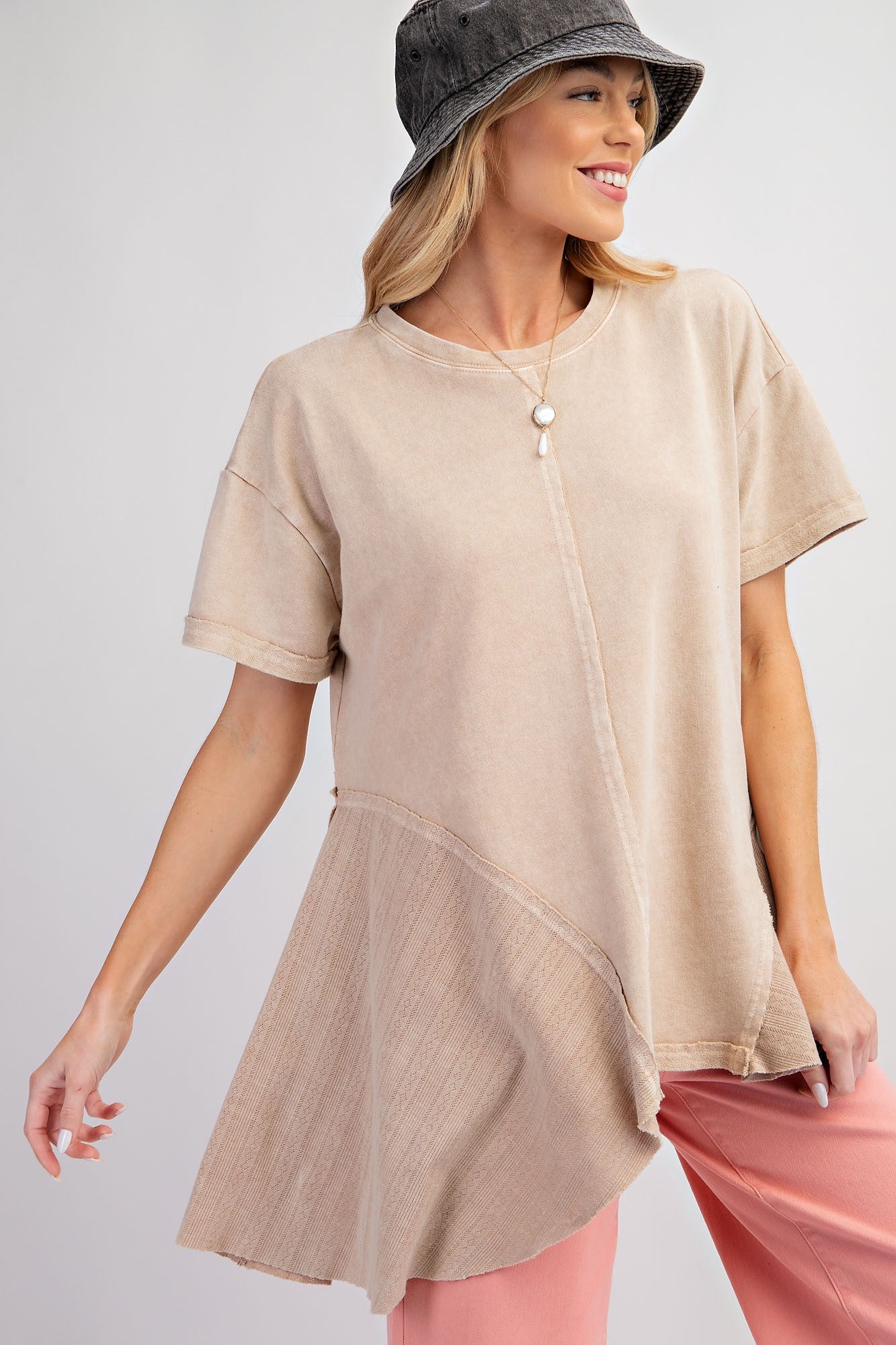 Short Sleeve Latte Brown Mineral Washed Cotton Jersey Knit Tunic