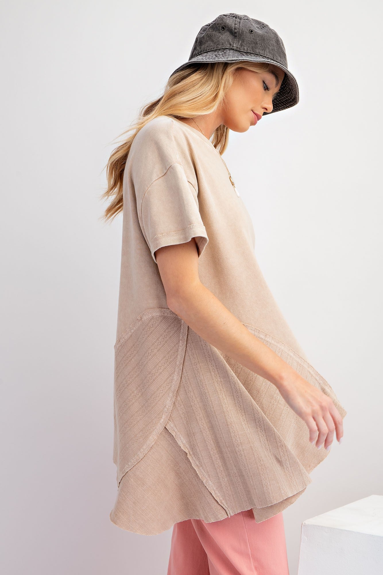 Short Sleeve Latte Brown Mineral Washed Cotton Jersey Knit Tunic