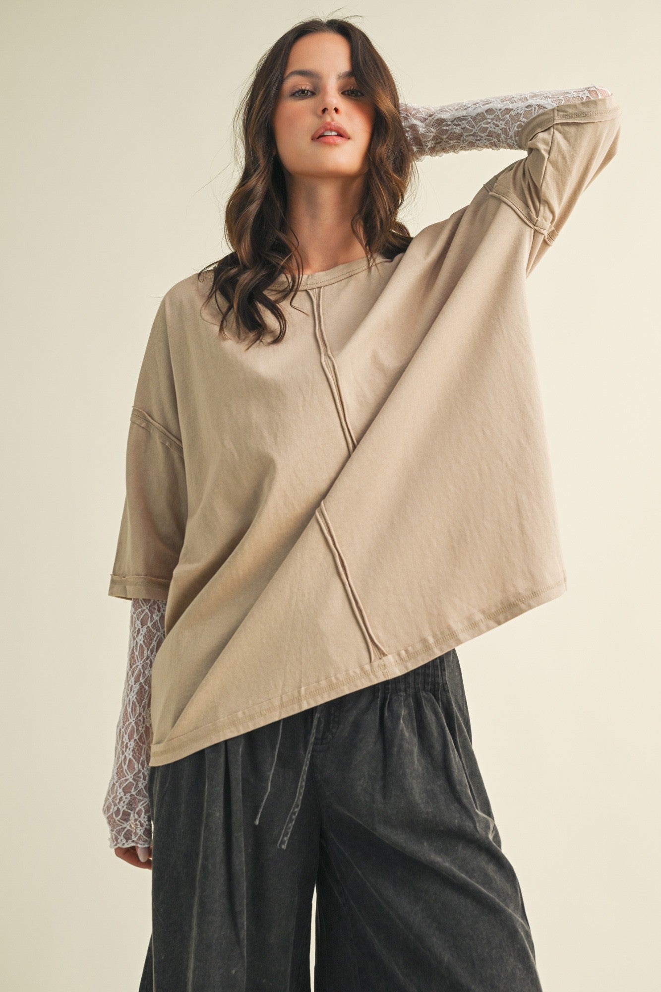 White Lace Sleeve With Oversized Oatmilk Top