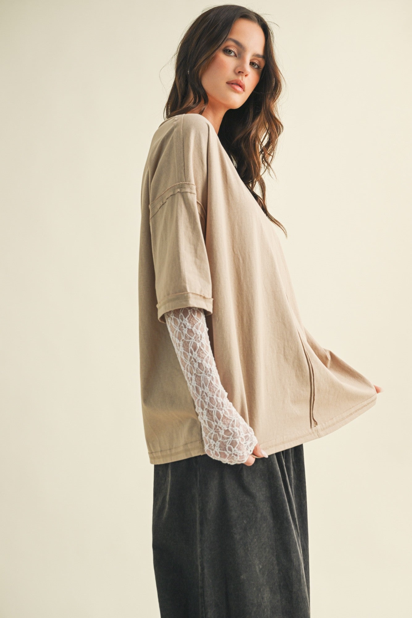 White Lace Sleeve With Oversized Oatmilk Top