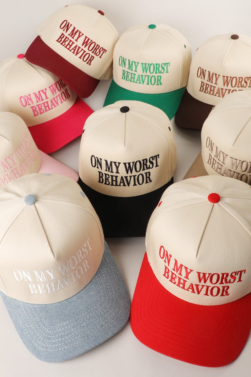 On My Worst Behavior Beige Embroidered Trucker Hat