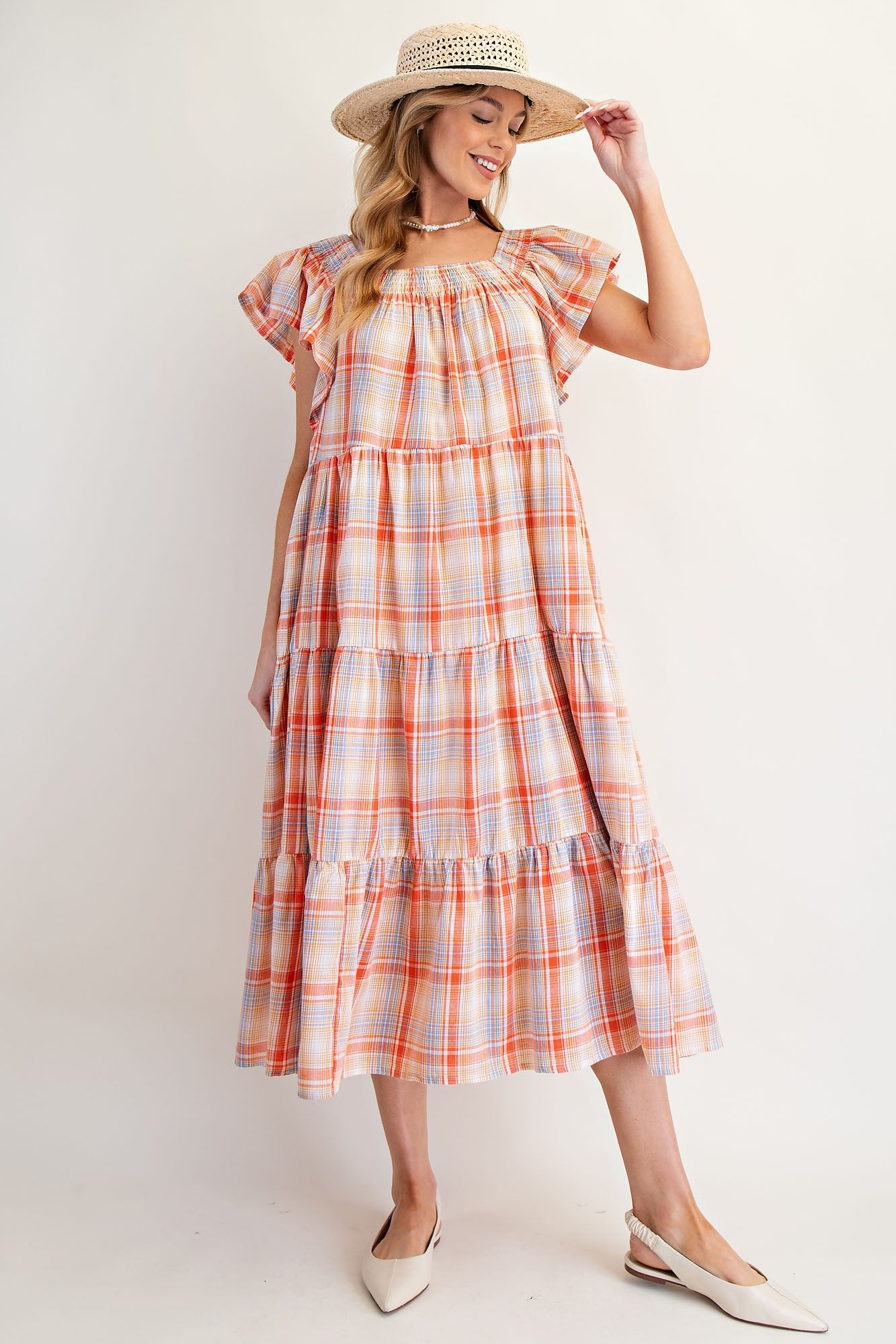 Plaid Orange Printed Tiered Dress