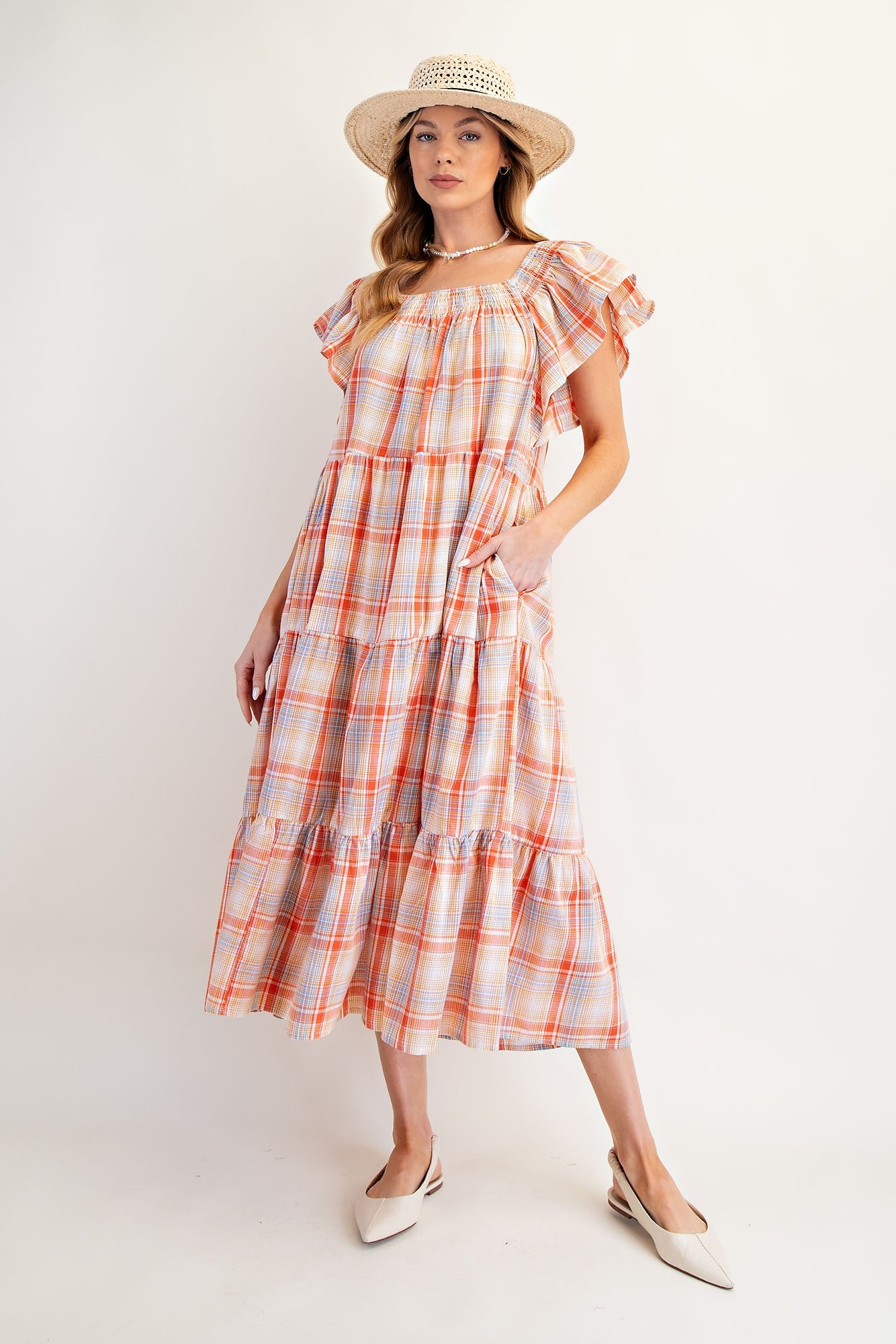 Plaid Orange Printed Tiered Dress