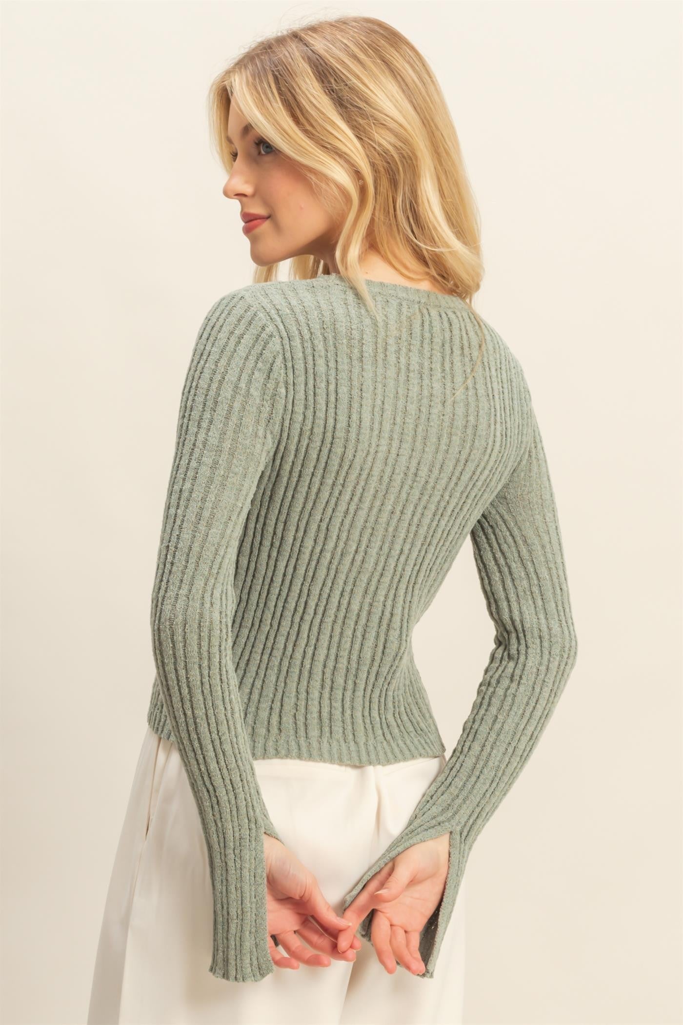 Sage Green Ribbed Knit Sweater