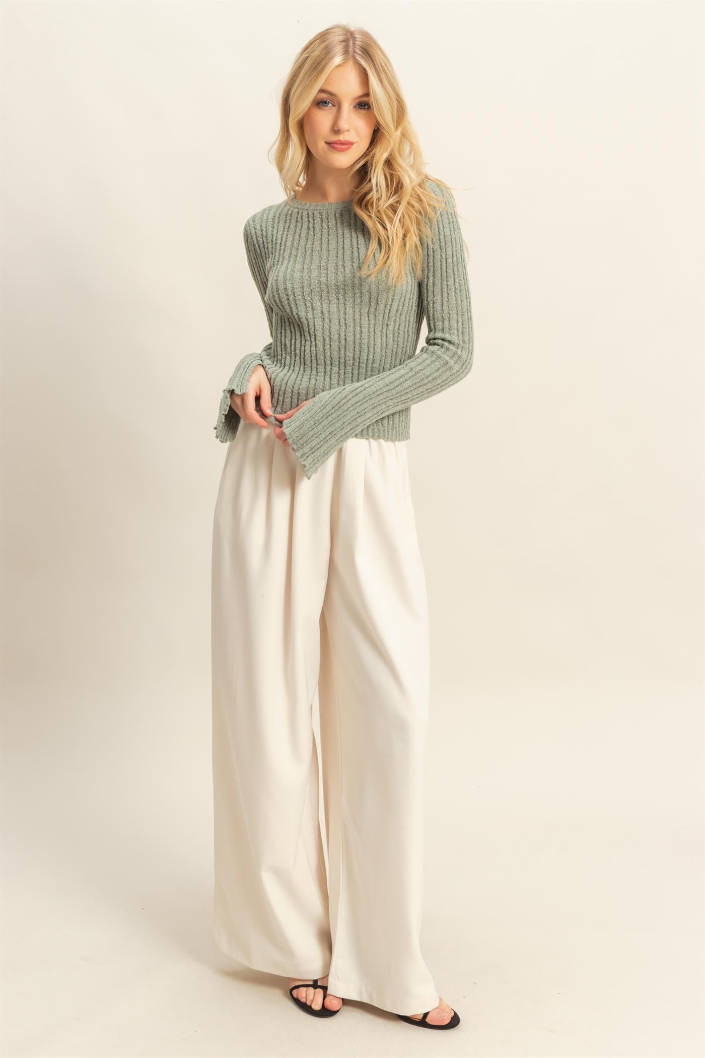 Sage Green Ribbed Knit Sweater