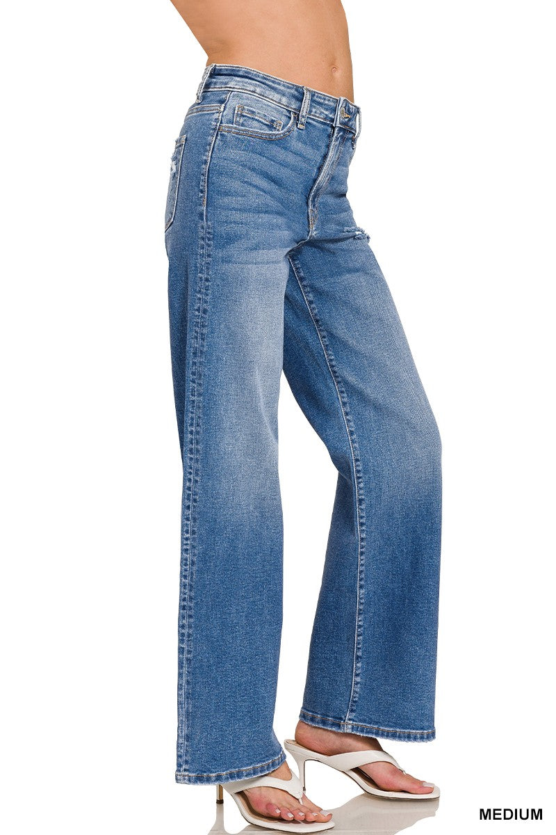 High Waist Straight Leg Medium Wash Denim Pants