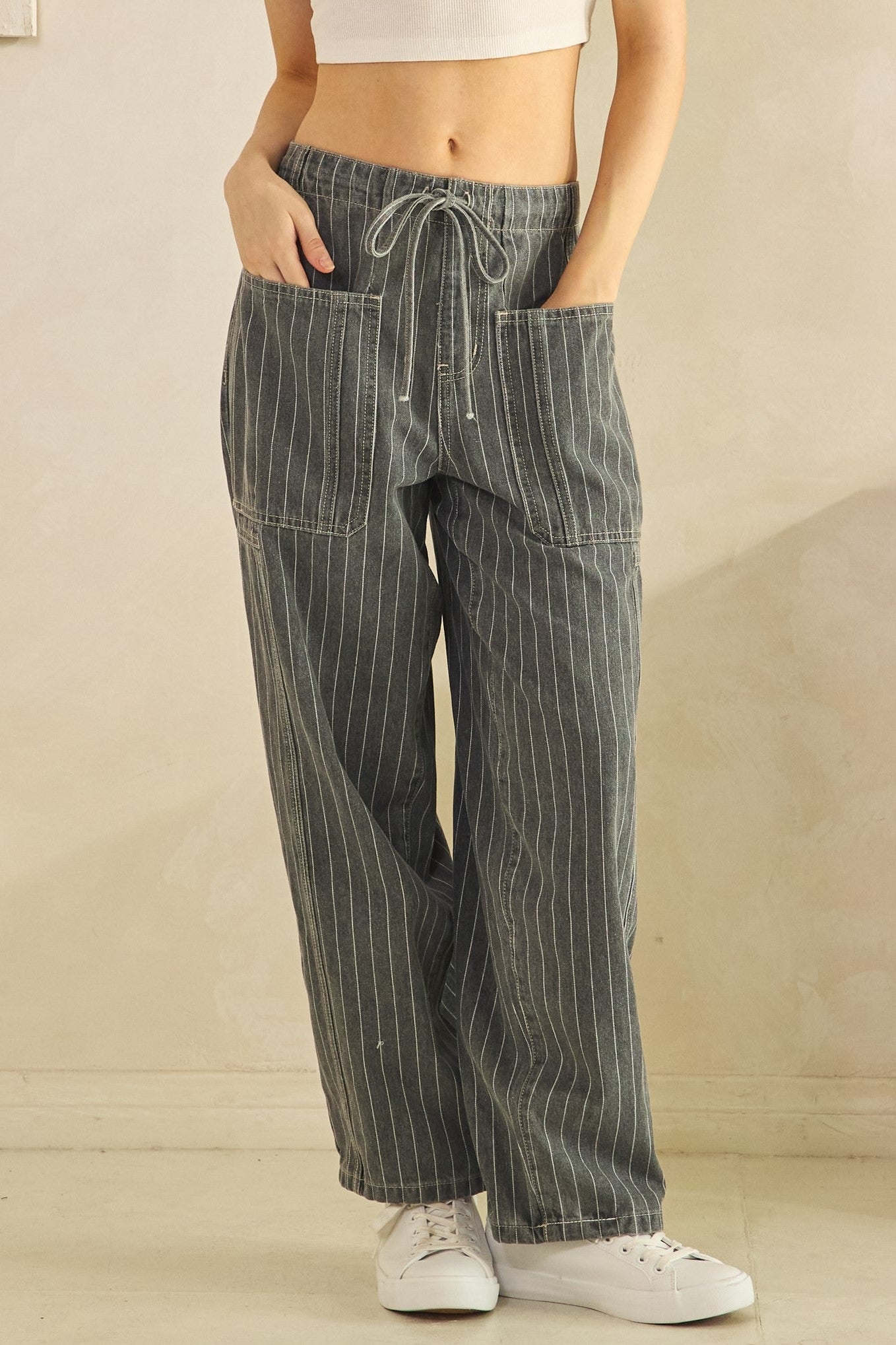 Charcoal Pinstripe Utility Wide-Leg Pants