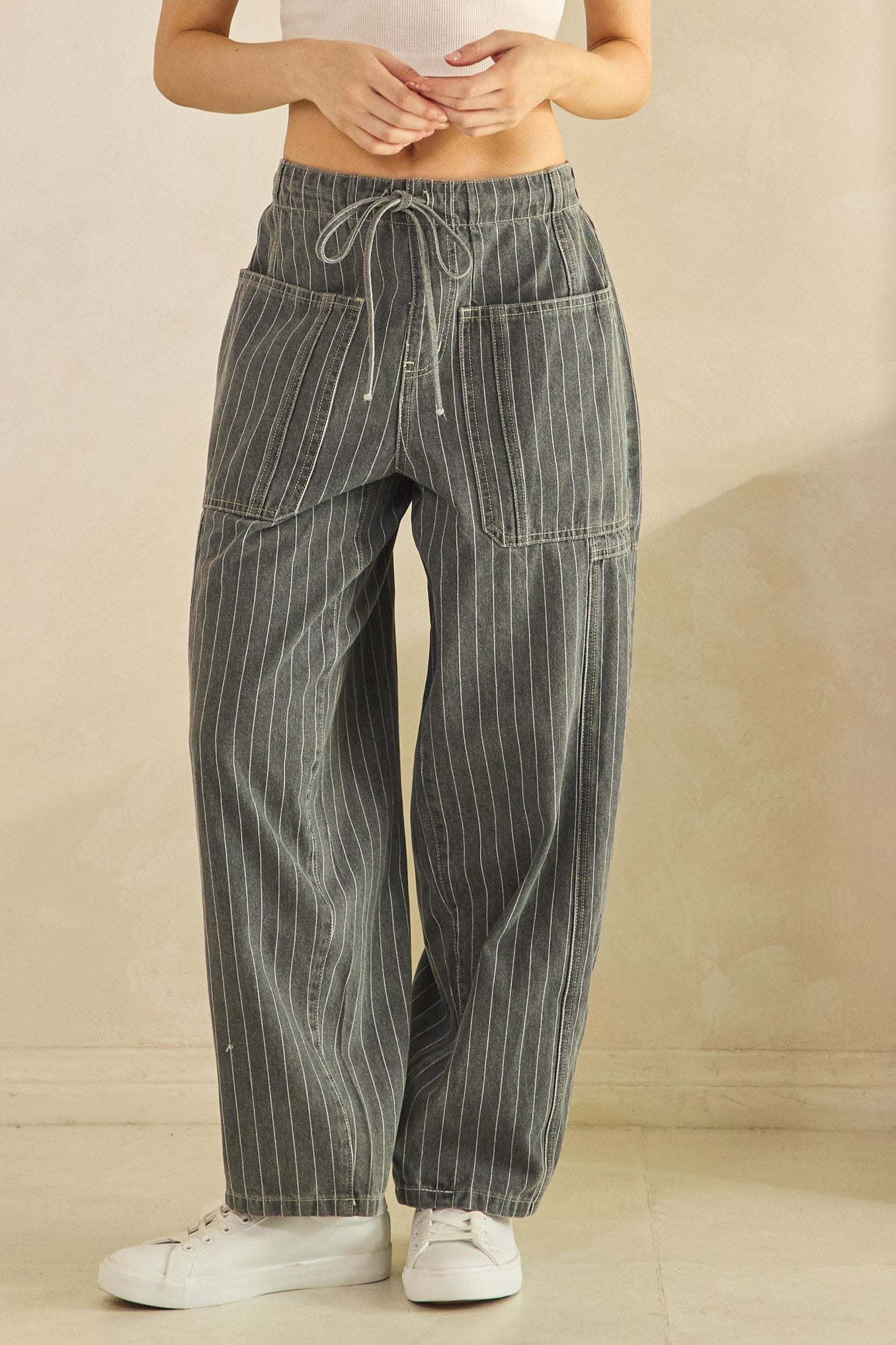 Charcoal Pinstripe Utility Wide-Leg Pants