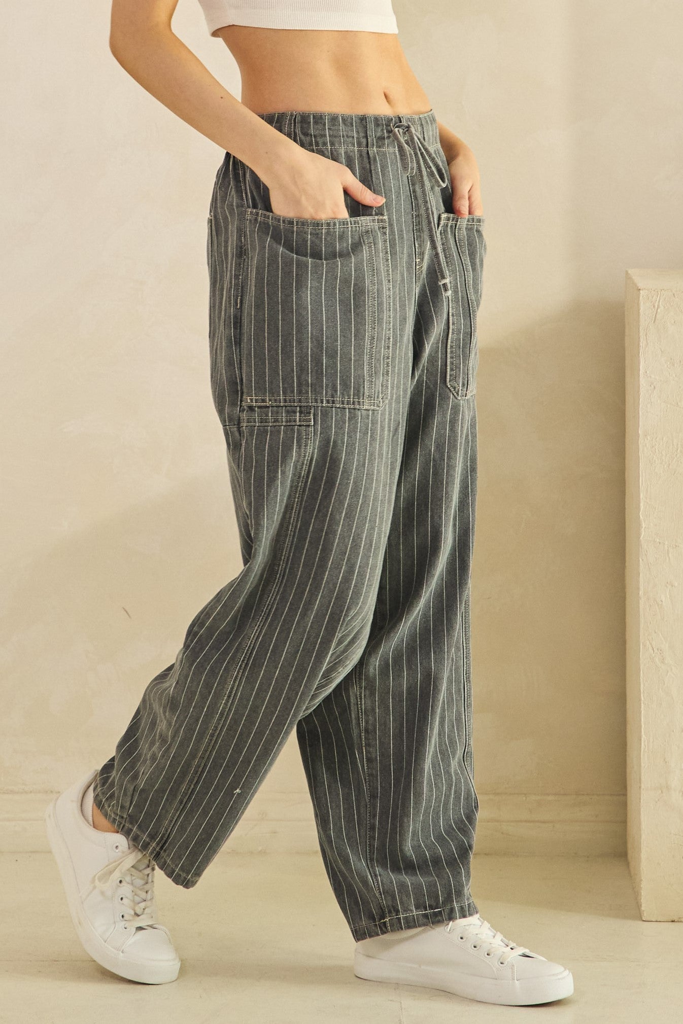 Charcoal Pinstripe Utility Wide-Leg Pants
