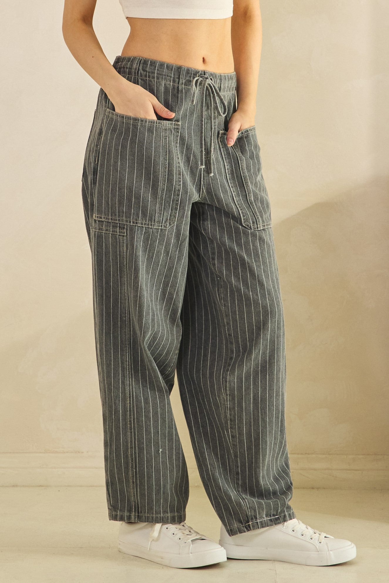 Charcoal Pinstripe Utility Wide-Leg Pants