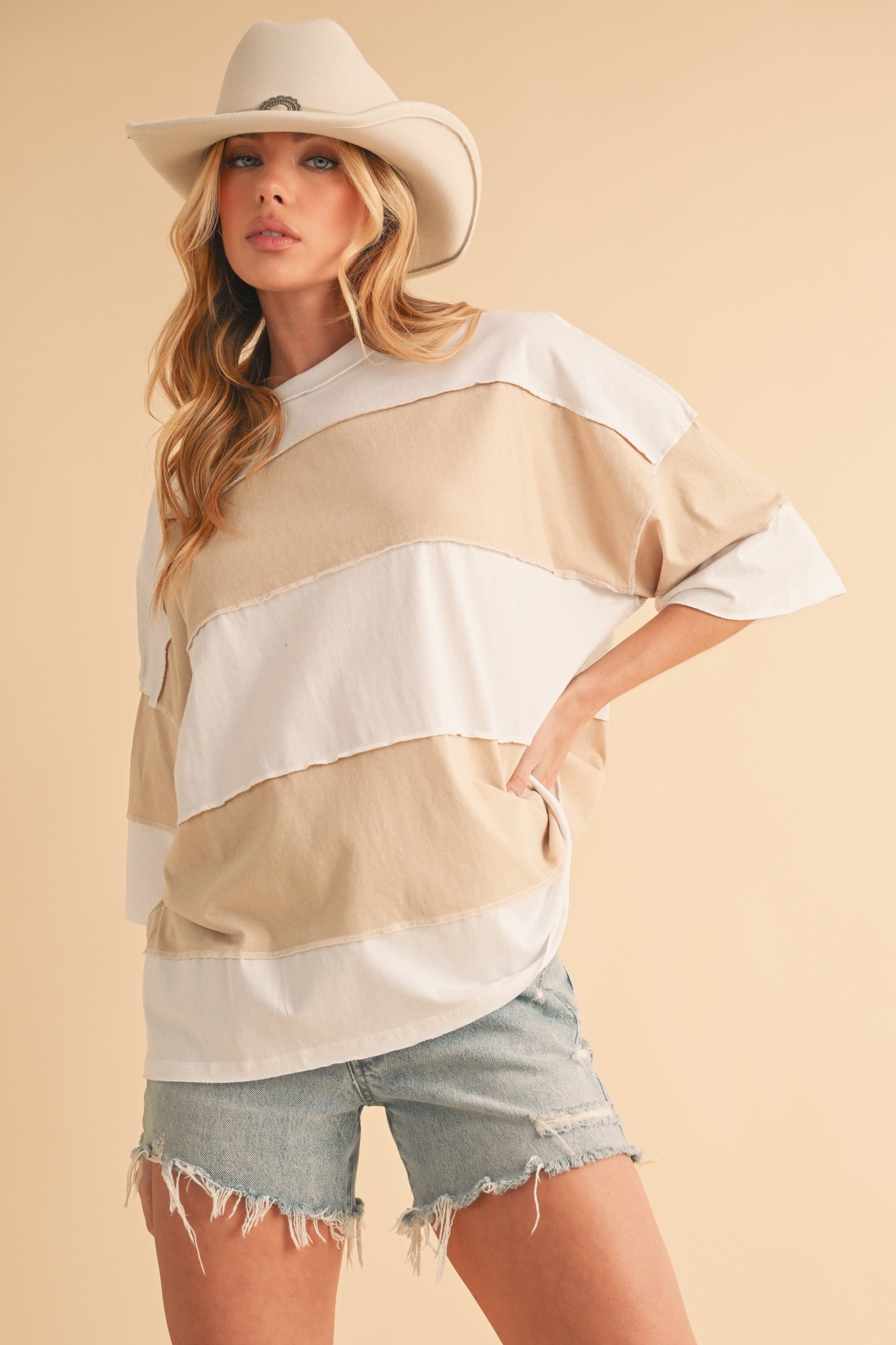 Polly White & Oat Color Block Top