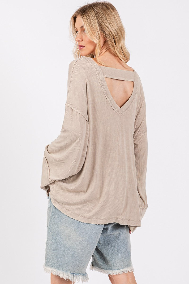 Mineral Washed Taupe Rib Loose Fit Top