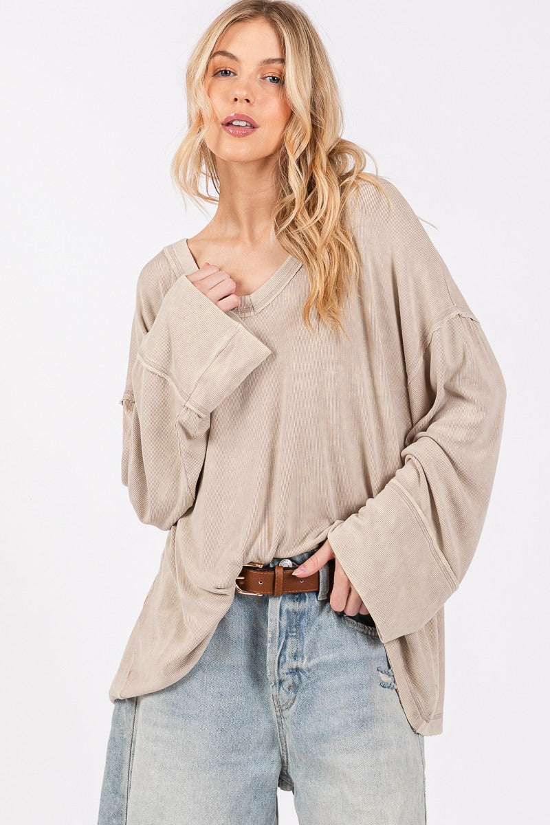 Mineral Washed Taupe Rib Loose Fit Top