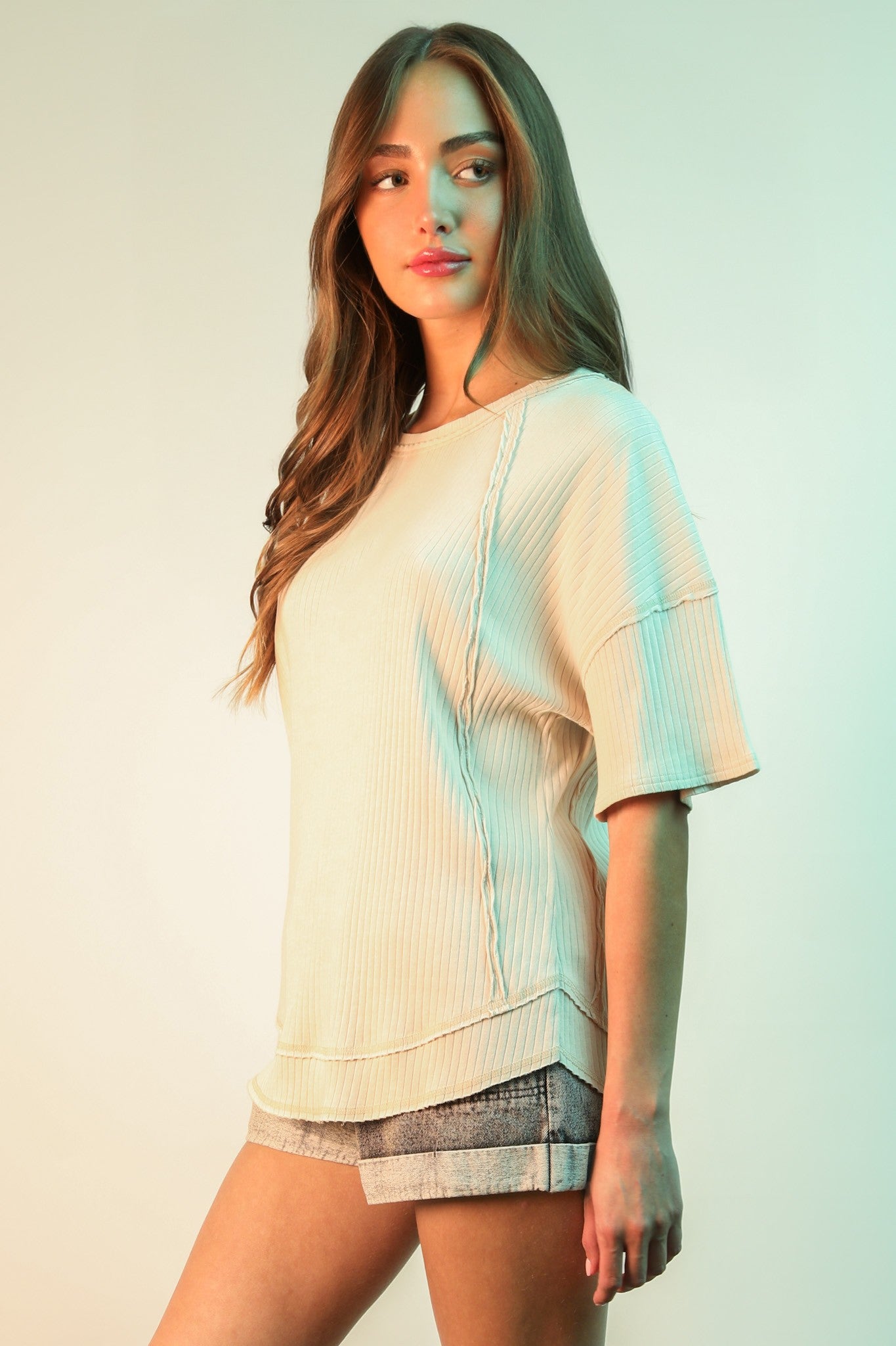 Tan Mineral Washed Oversized Ribbed Knit Casual Top