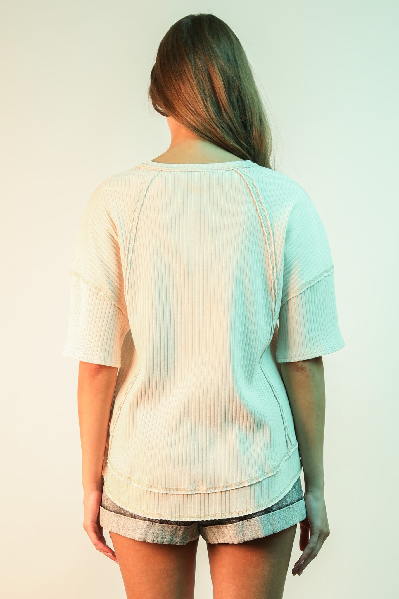 Tan Mineral Washed Oversized Ribbed Knit Casual Top