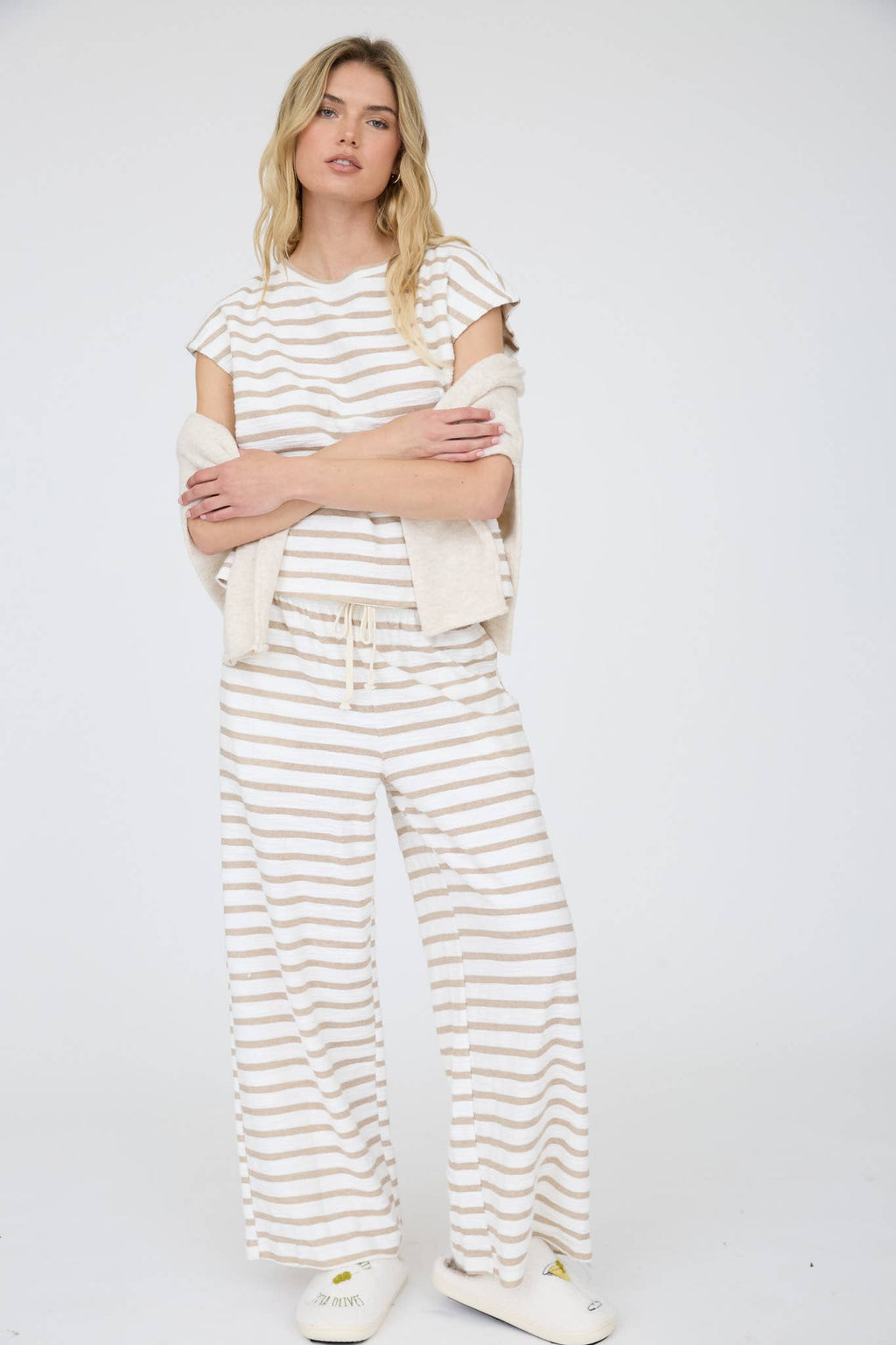 Khaki Stripe Round Neck Short Sleeve Knit Top