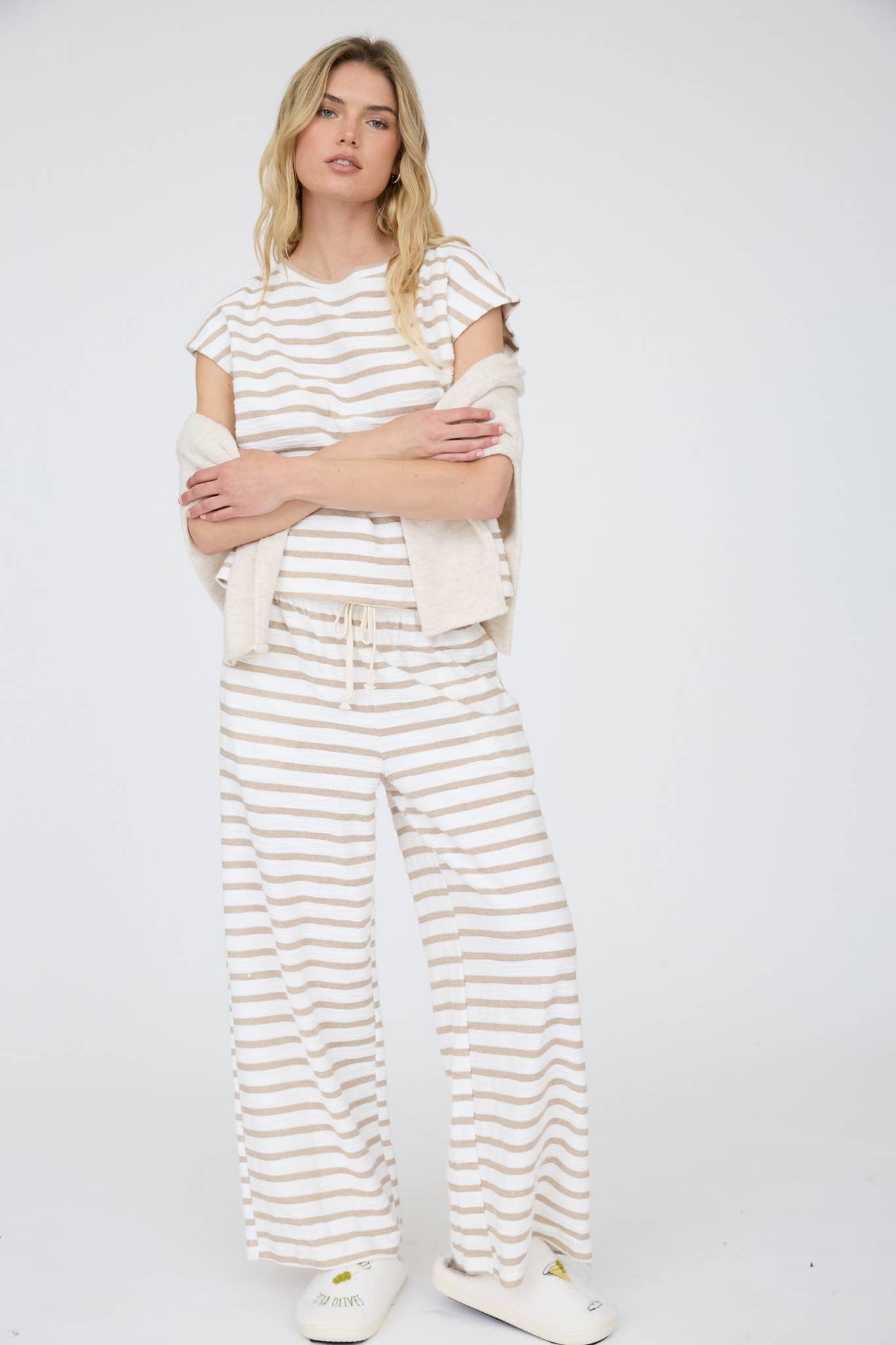 Khaki Stripe Round Neck Short Sleeve Knit Top