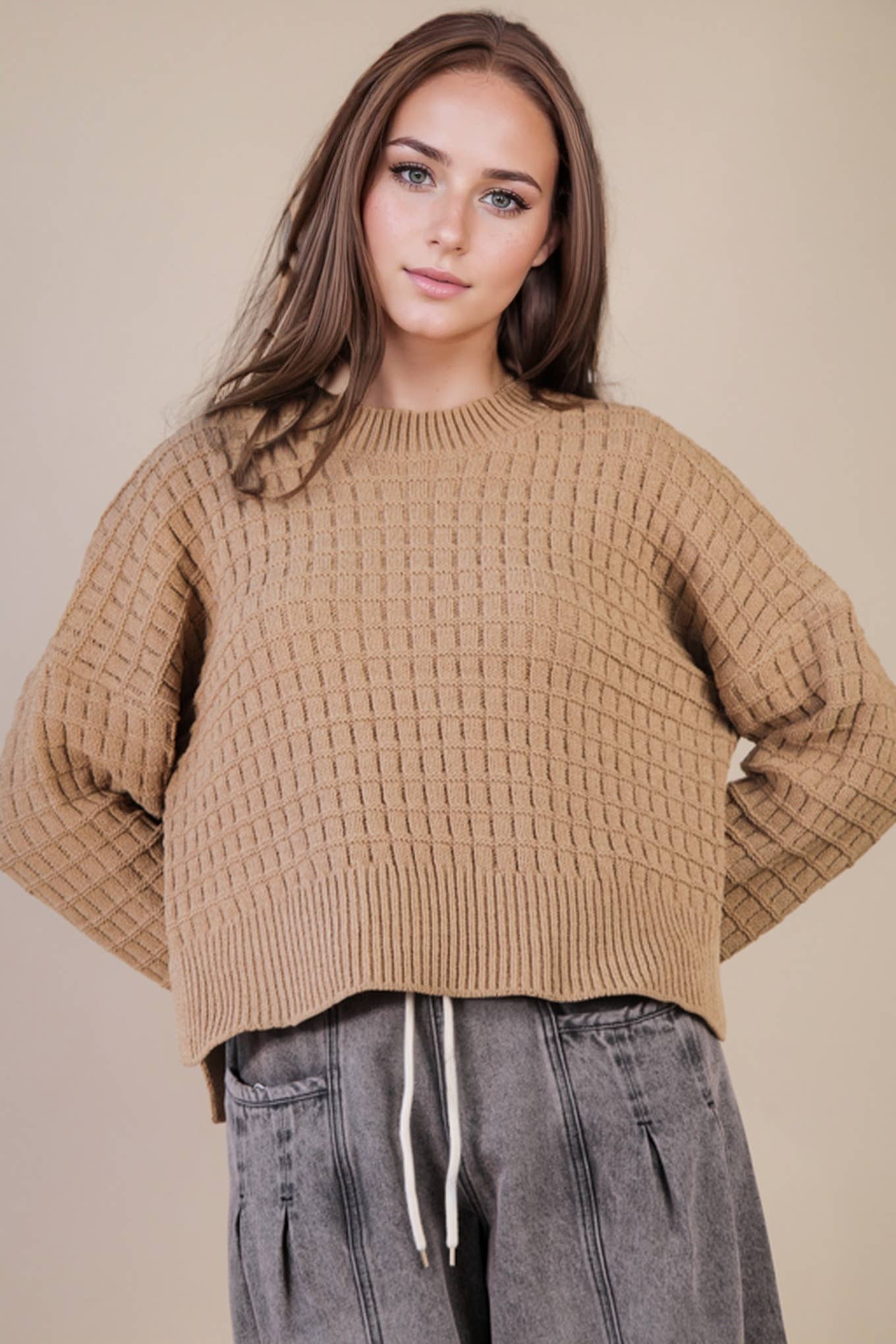 Oversized Textured Mocha Solid Casual Knit Sweater Top
