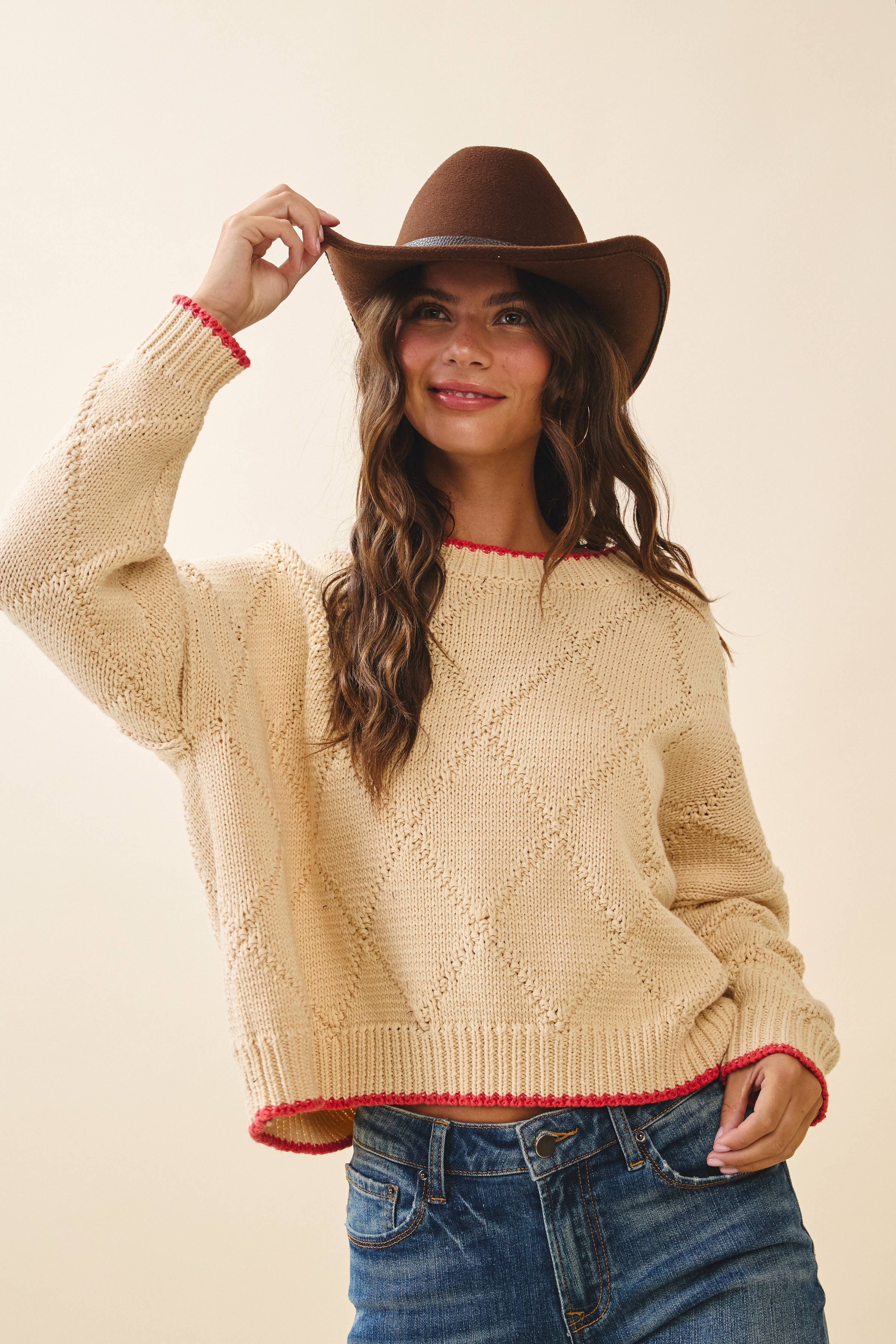 Diamond Knit Oat & Red Pullover Sweater