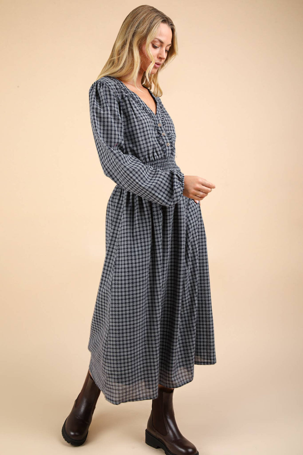 V-Neck Smocking Long Sleeve Navy Blue Plaid Midi Dress