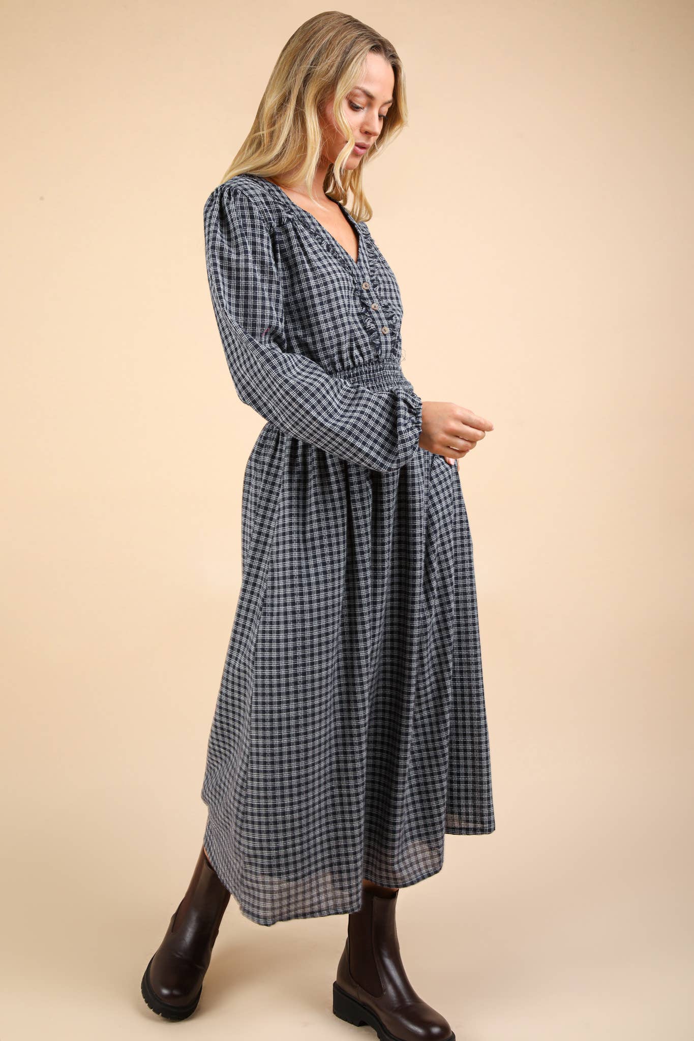 V-Neck Smocking Long Sleeve Navy Blue Plaid Midi Dress