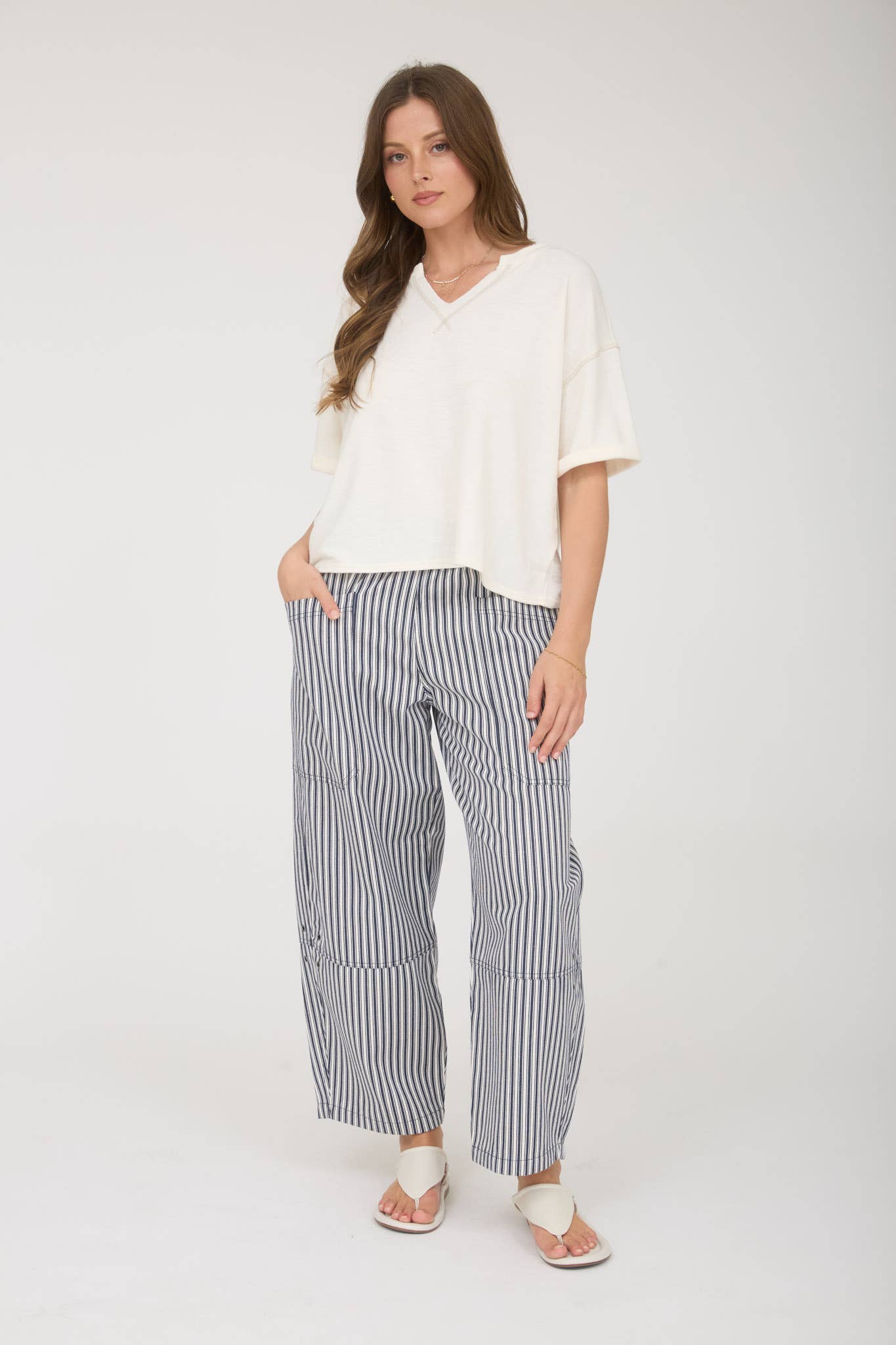White Contrast Stitch Drop Shoulder Cuff Sleeve Knit Top