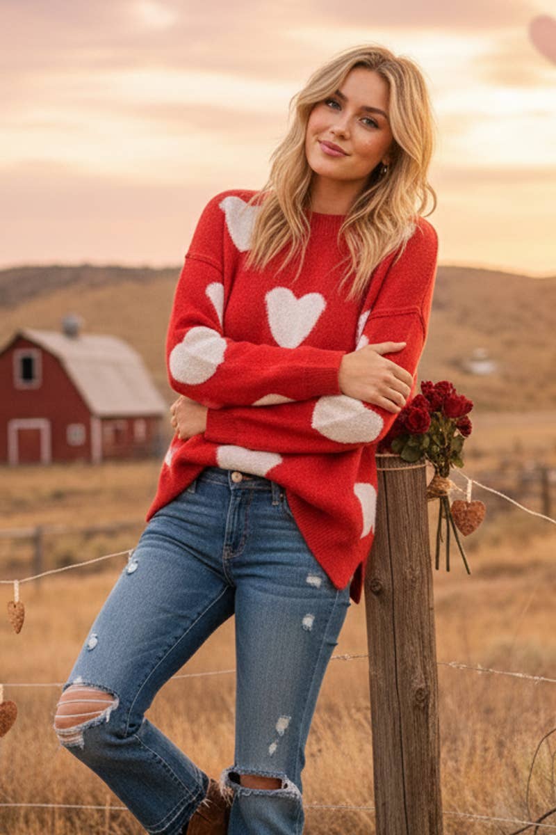 Oversized Red Valentine Side Slit Heart Sweater