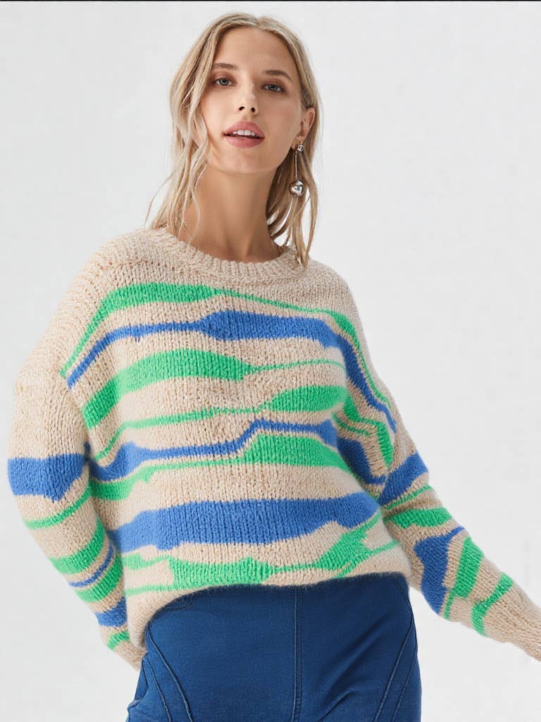 Blue & Green Multi Color Casual Knit Sweater Top