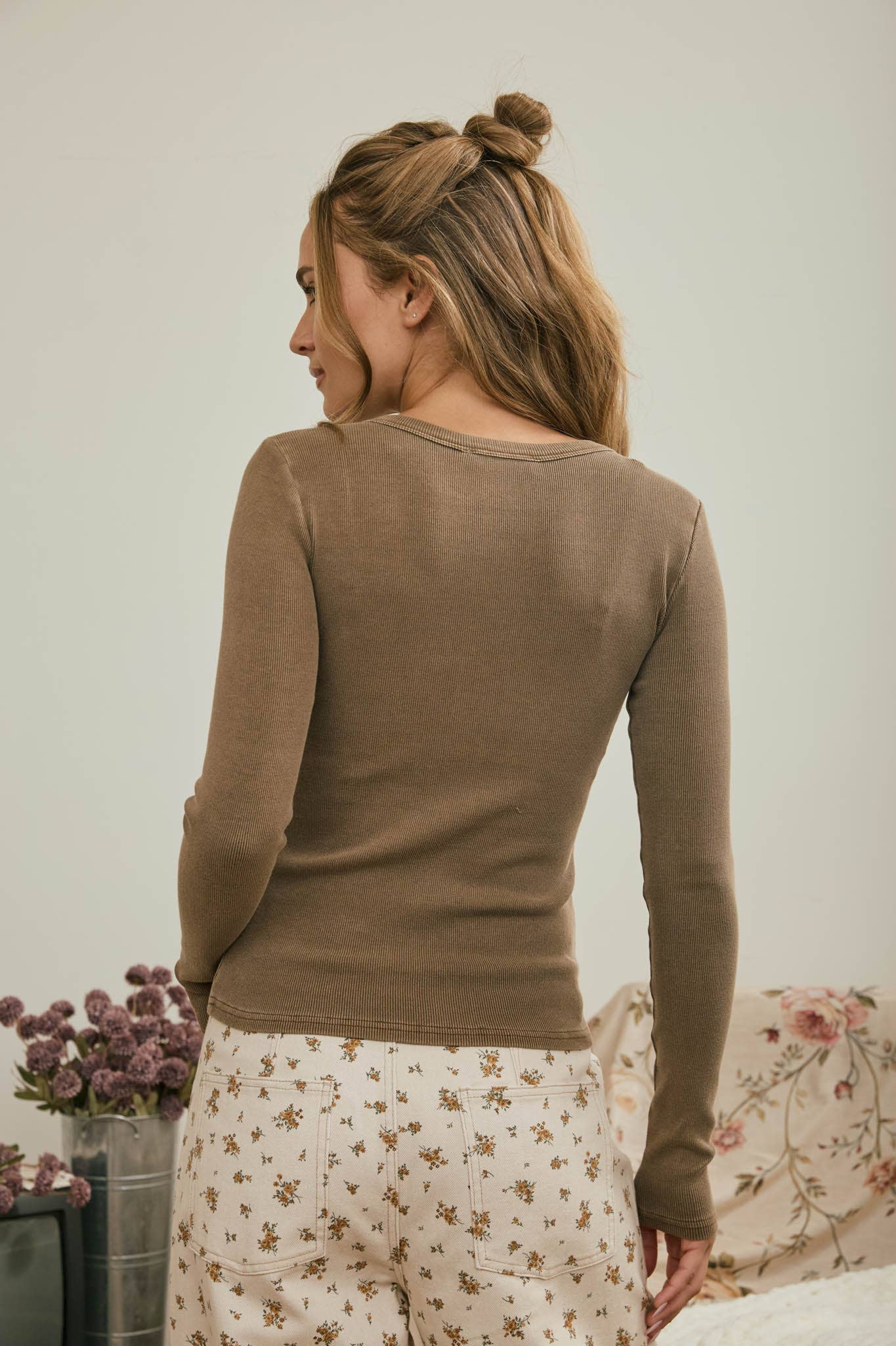 Brown Button Front Round Neck Long Sleeve Knit Top