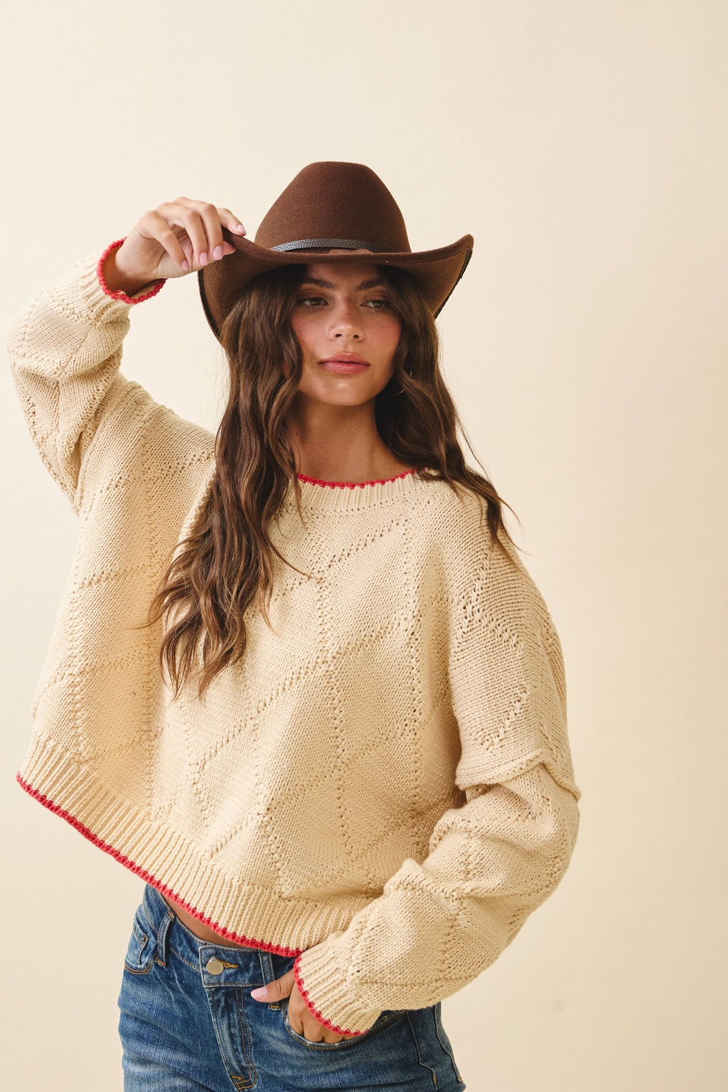 Diamond Knit Oat & Red Pullover Sweater