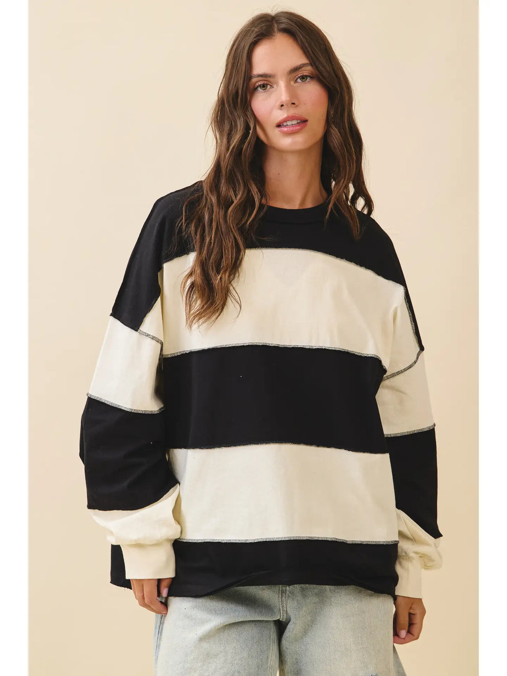 Contrast Panel Wild Cherry Long Sleeve Slouchy Pullover