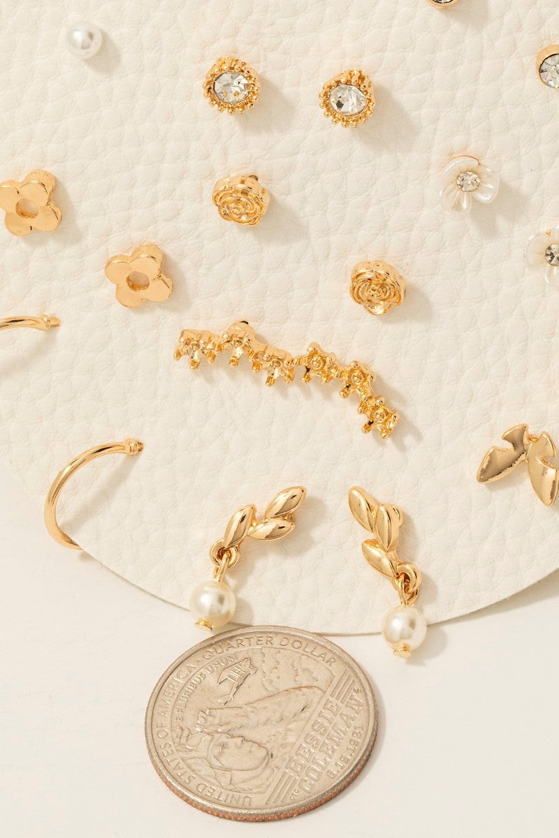 10pc Floral Pearl Butterfly Mixed Gold Earrings Set