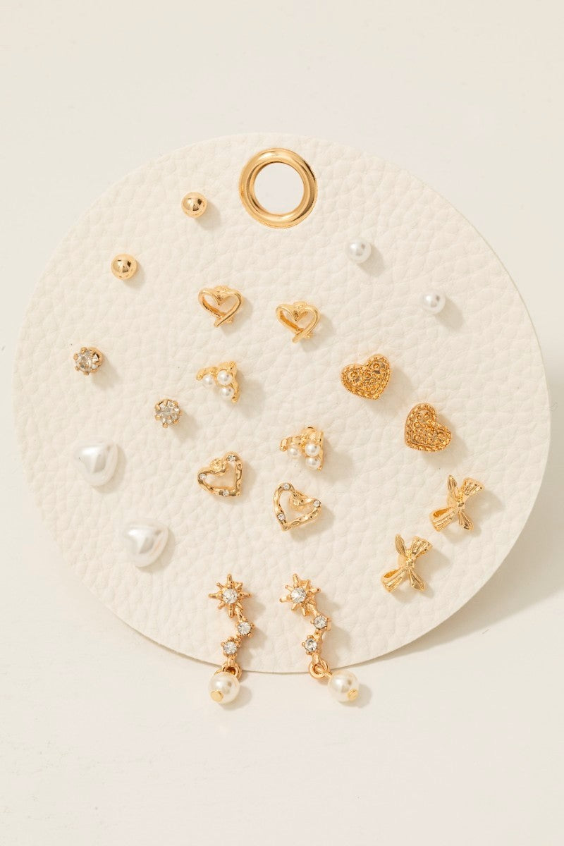 10pc Pearl Hearts And Bows Stud Gold Earrings Set