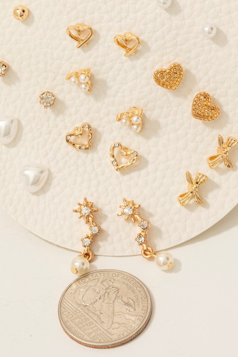10pc Pearl Hearts And Bows Stud Gold Earrings Set