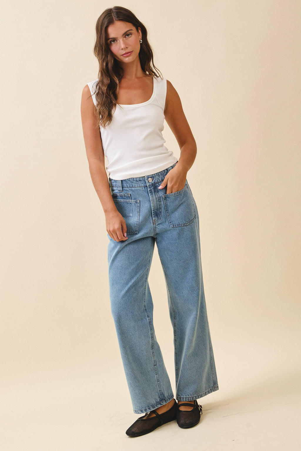 High Waist Wide Leg Denim Pants with Patch Pockets