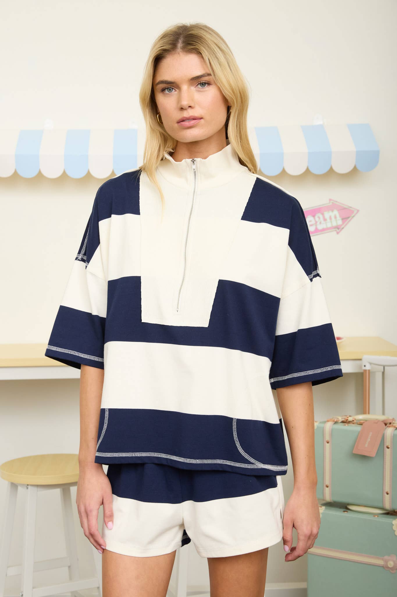 Navy Blue Wide Stripe Half Zip Short Sleeve Knit Top