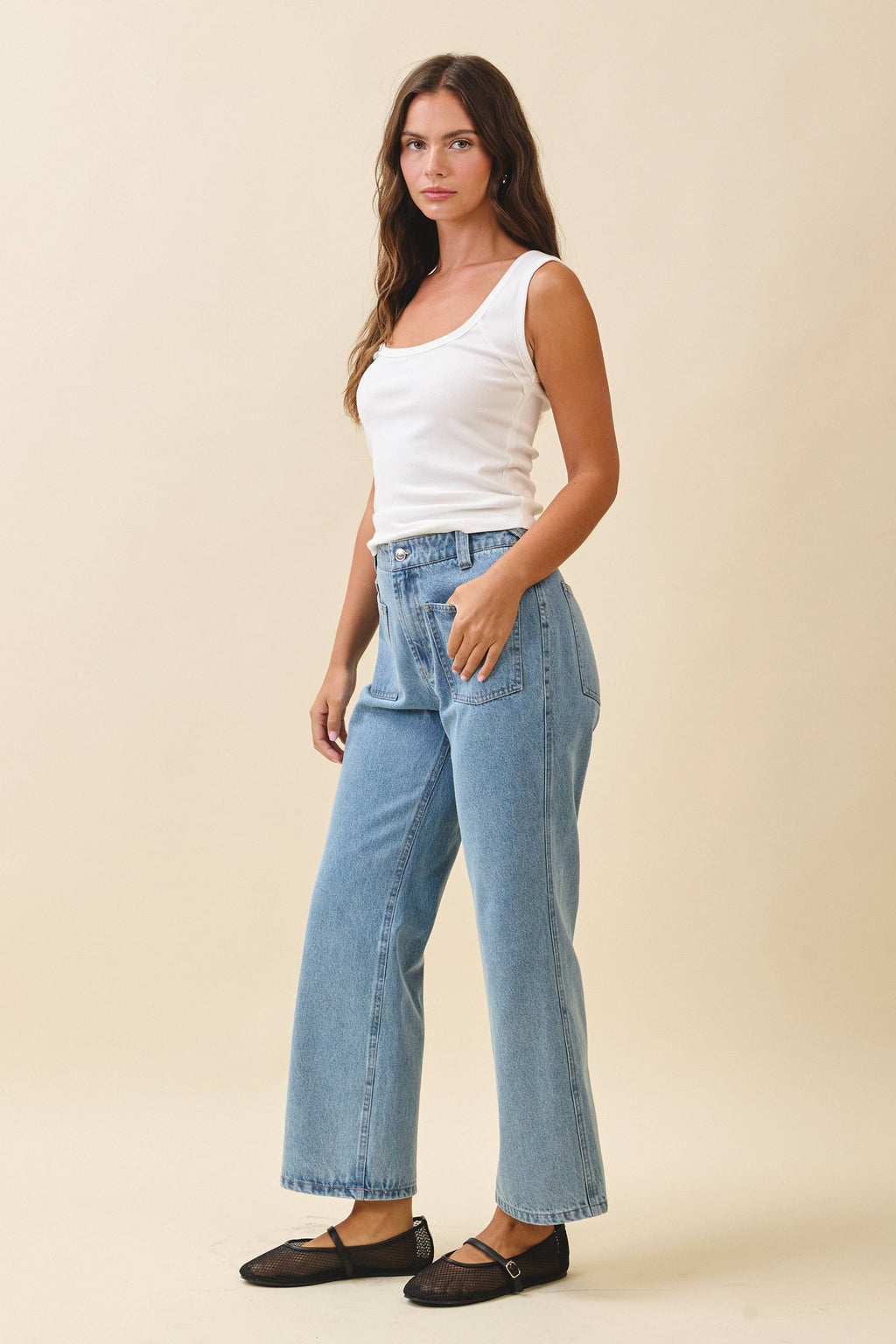 High Waist Wide Leg Denim Pants with Patch Pockets