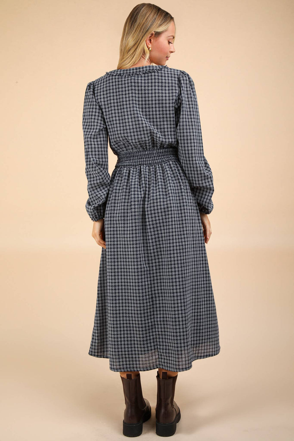 V-Neck Smocking Long Sleeve Navy Blue Plaid Midi Dress