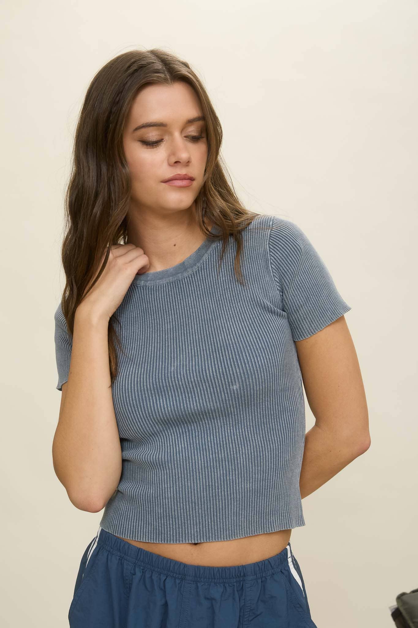 Slate Blue Washed Ribbed Short Sleeve Cropped Knit Tee