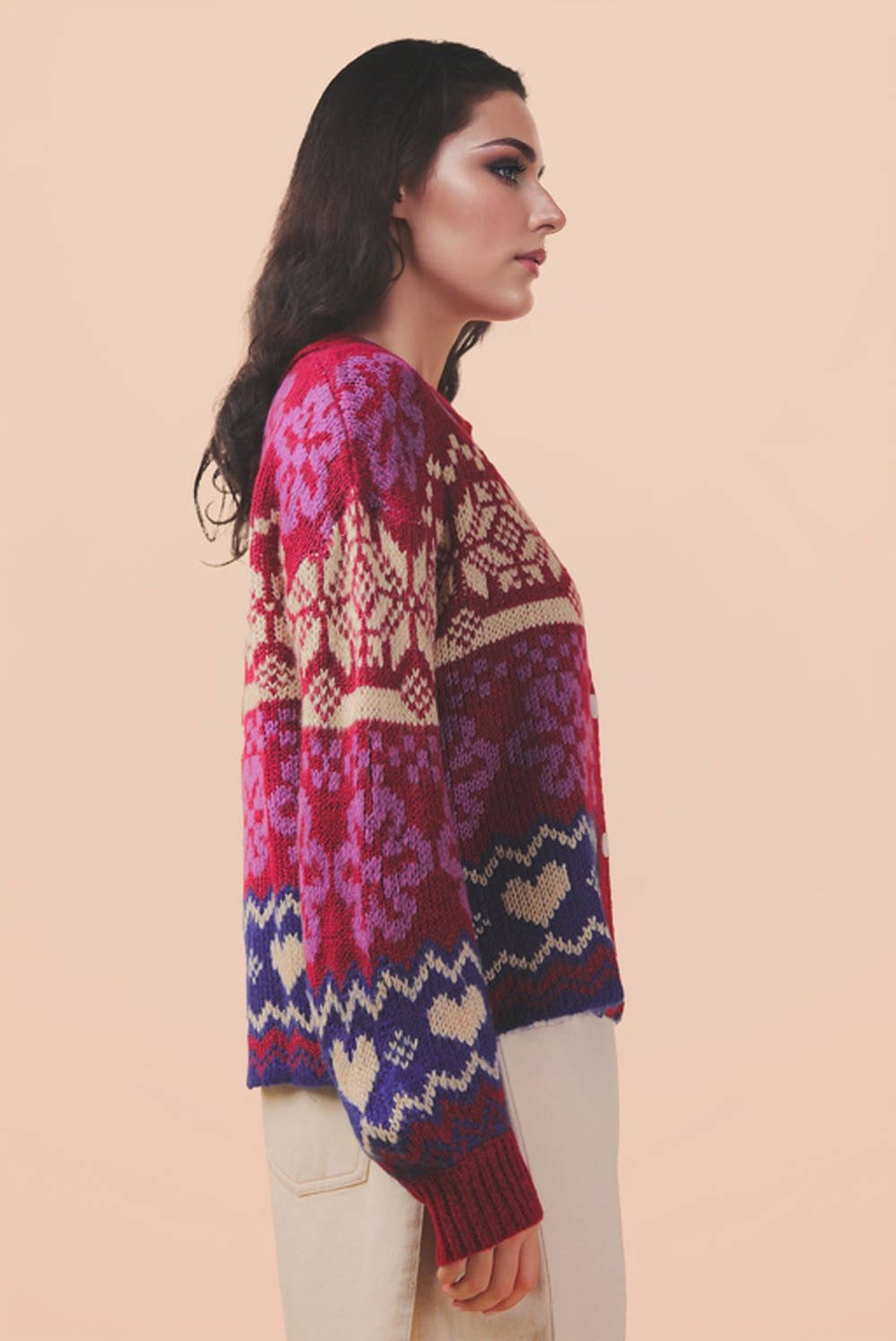 Oversized Button Down Red Graphic Knit Sweater Top