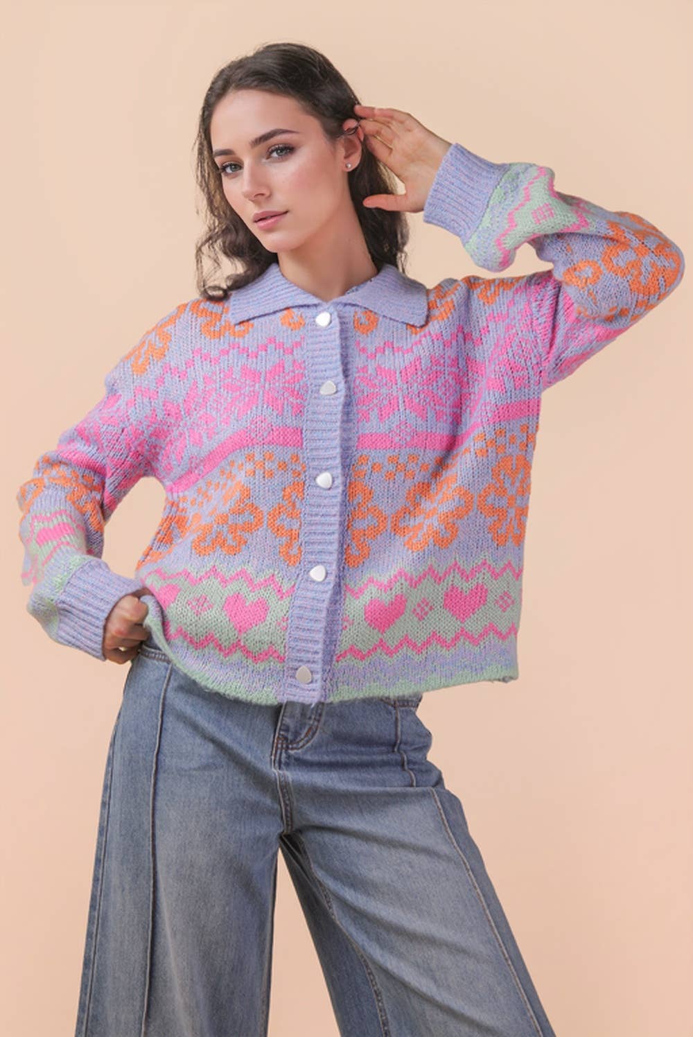 Oversized Button Down Pastel Graphic Knit Sweater Top
