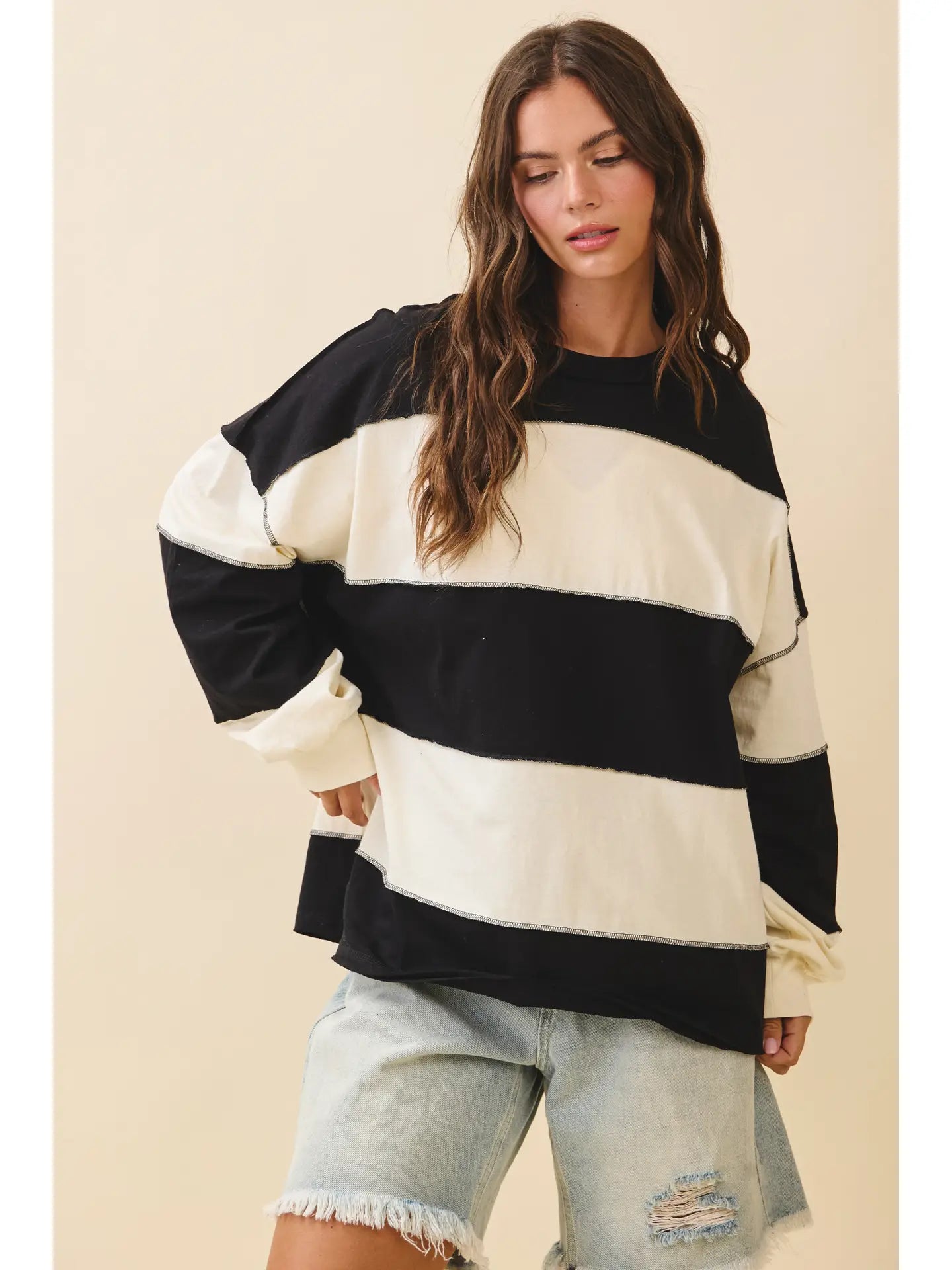 Contrast Panel Wild Cherry Long Sleeve Slouchy Pullover