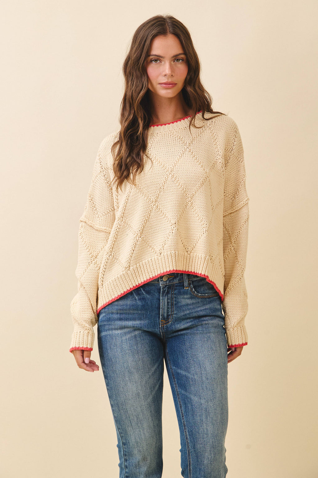 Diamond Knit Oat & Red Pullover Sweater