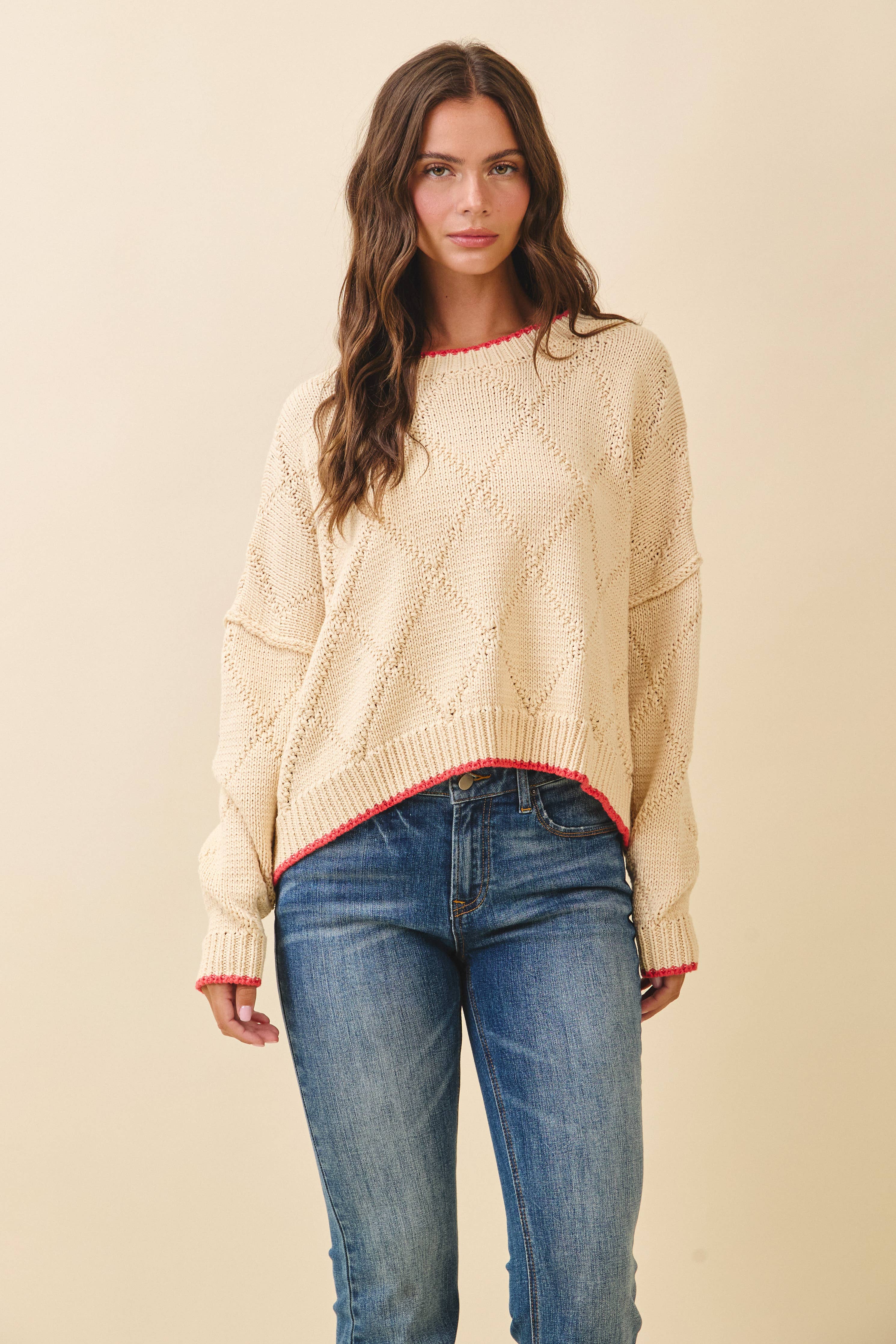 Diamond Knit Oat & Red Pullover Sweater