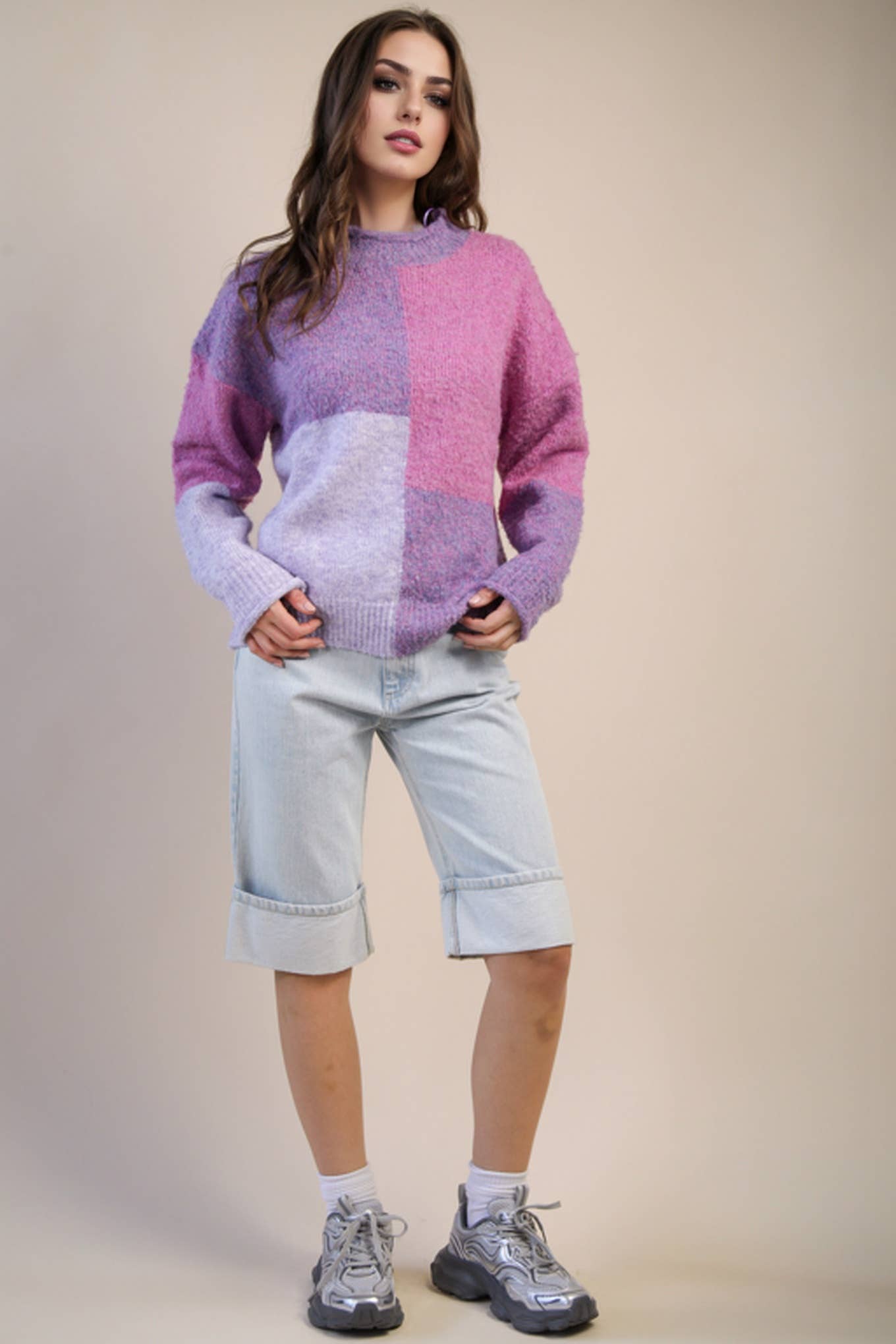 ECO Oversized Purple Color Block Cozy Knit Sweater Top