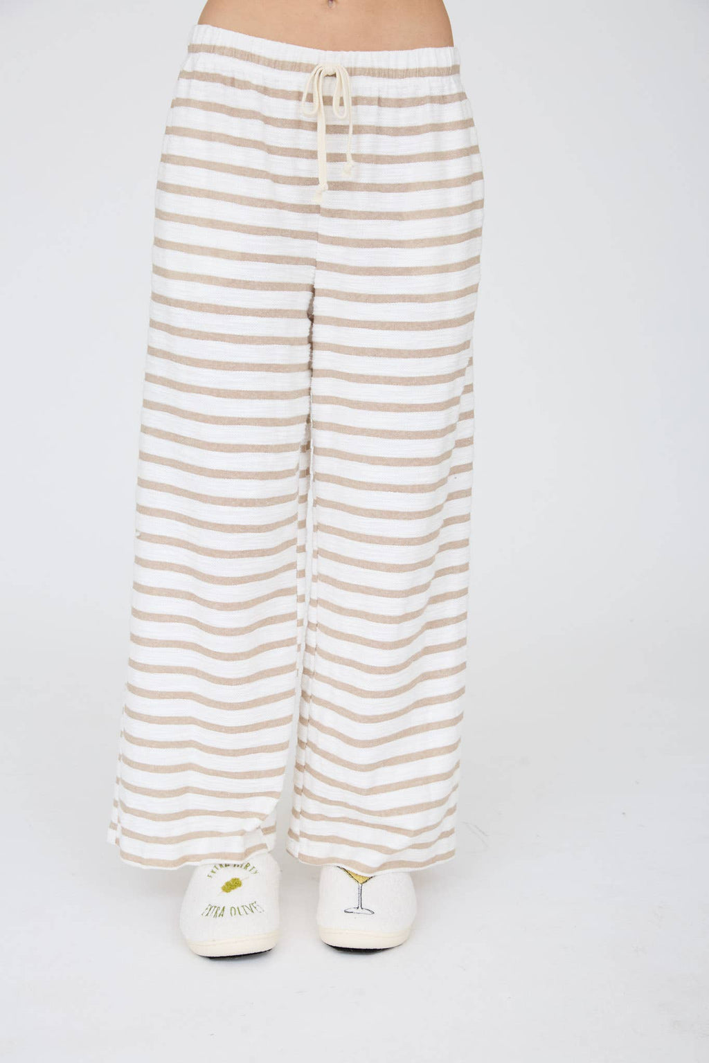 Khaki Stripe Drawstring Wide Leg Knit Lounge Pants