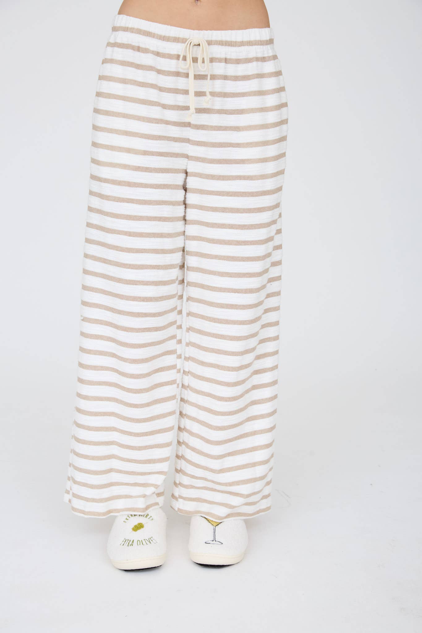 Khaki Stripe Drawstring Wide Leg Knit Lounge Pants