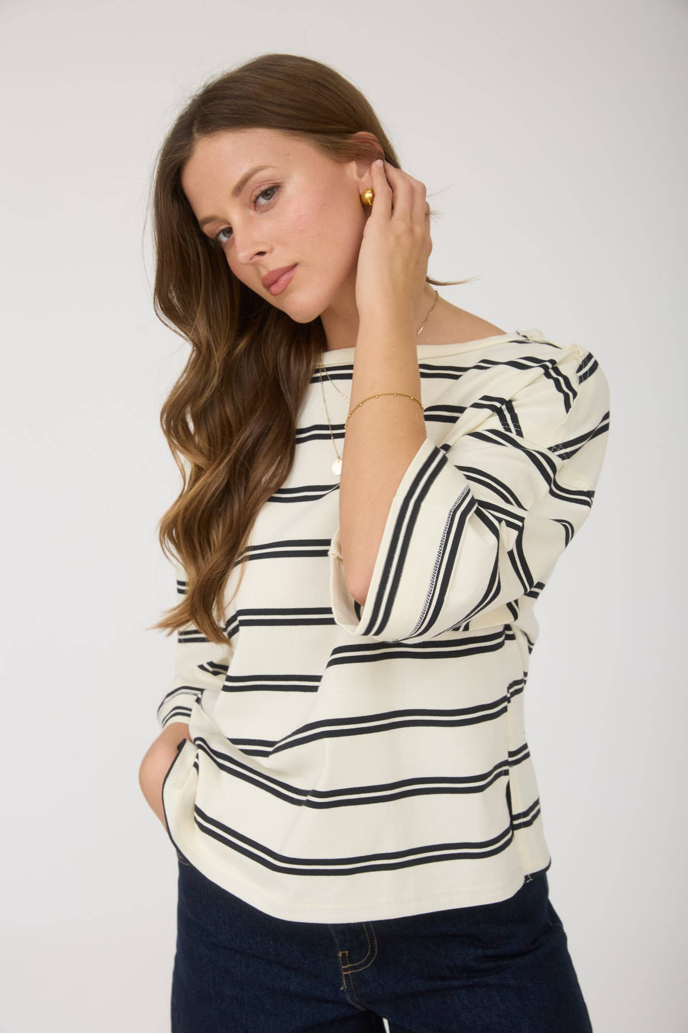 Cream Stripe Raw Edge Cuff Sleeve Oversized Knit Top