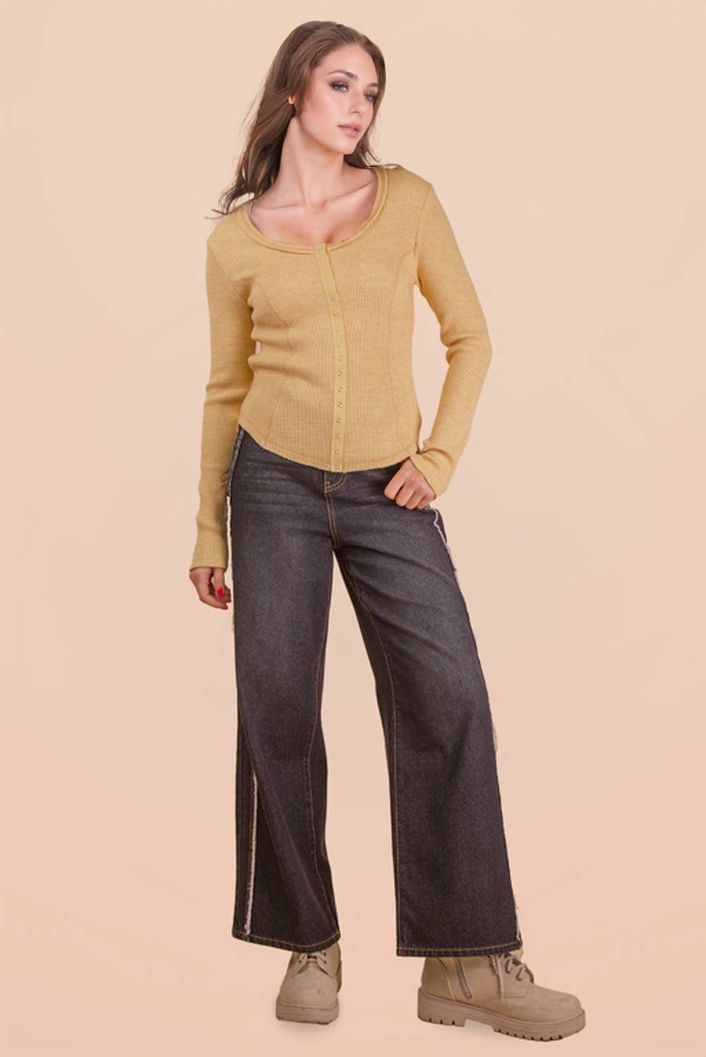 Yellow Button Down Fitted Knit Casual Top